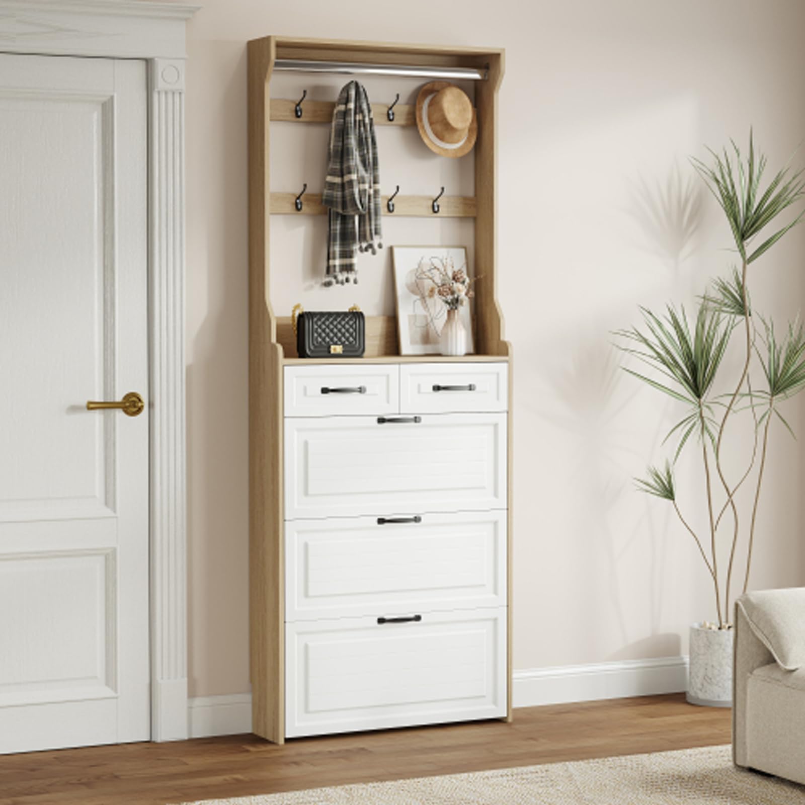 3-Door Oak Shoe Cabinet with 2 Drawers & Hanger - PVC Panel Storage Organizer for Entryway, Closet & Mudroom - Large Capacity Shoe Rack (White)