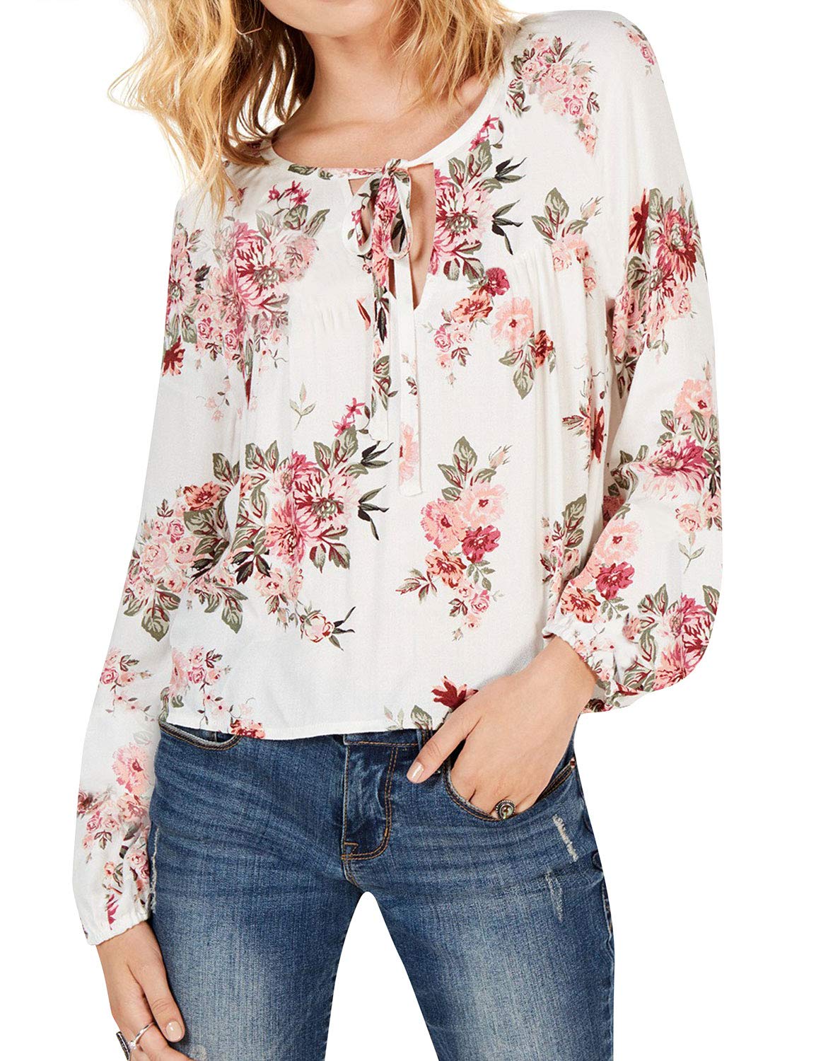 Ezcosplay Women's V-Neck Floral Print Tied Blouse - Long Sleeve Casual Tops for Work, Date Night & Spring Outfits