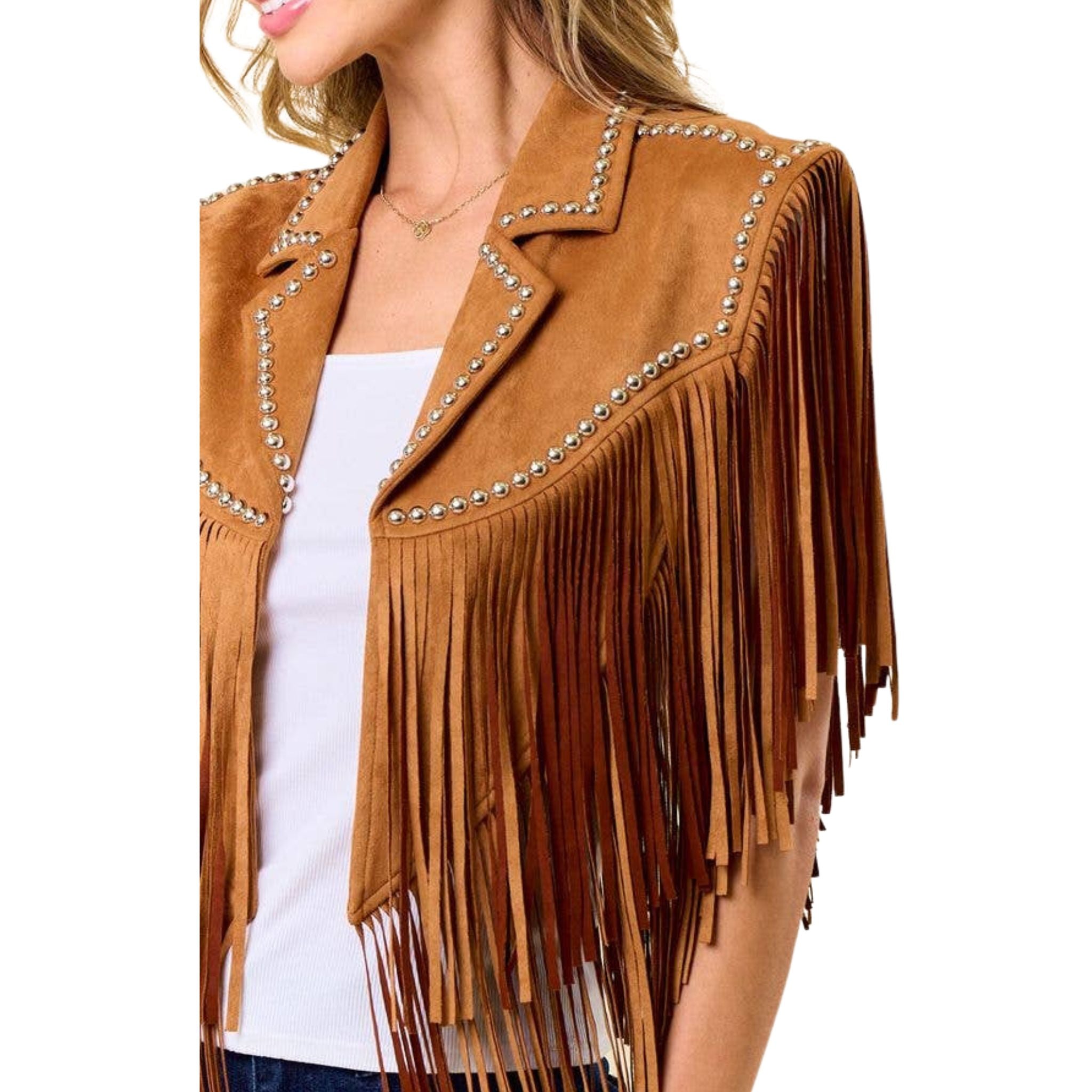 Camel Studded Fringe Shrug - Boho Chic Leather Jacket for Women | Perfect for Music Festivals & Night Out