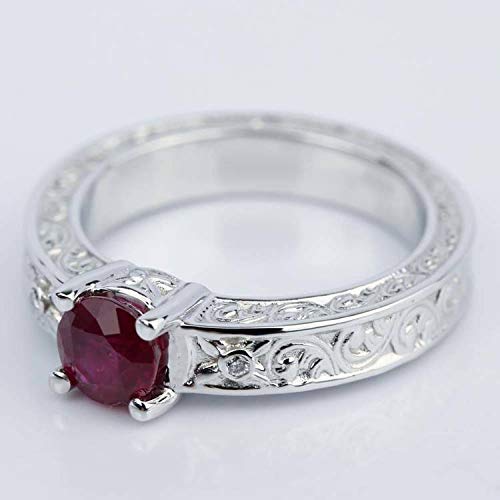 0.90 Carat Ruby Color Stone Solitaire Ring - Engraved Design in 950 Platinum Plated Silver | Valentine's Gift, Anniversary Present, Engagement Jewelry for Women