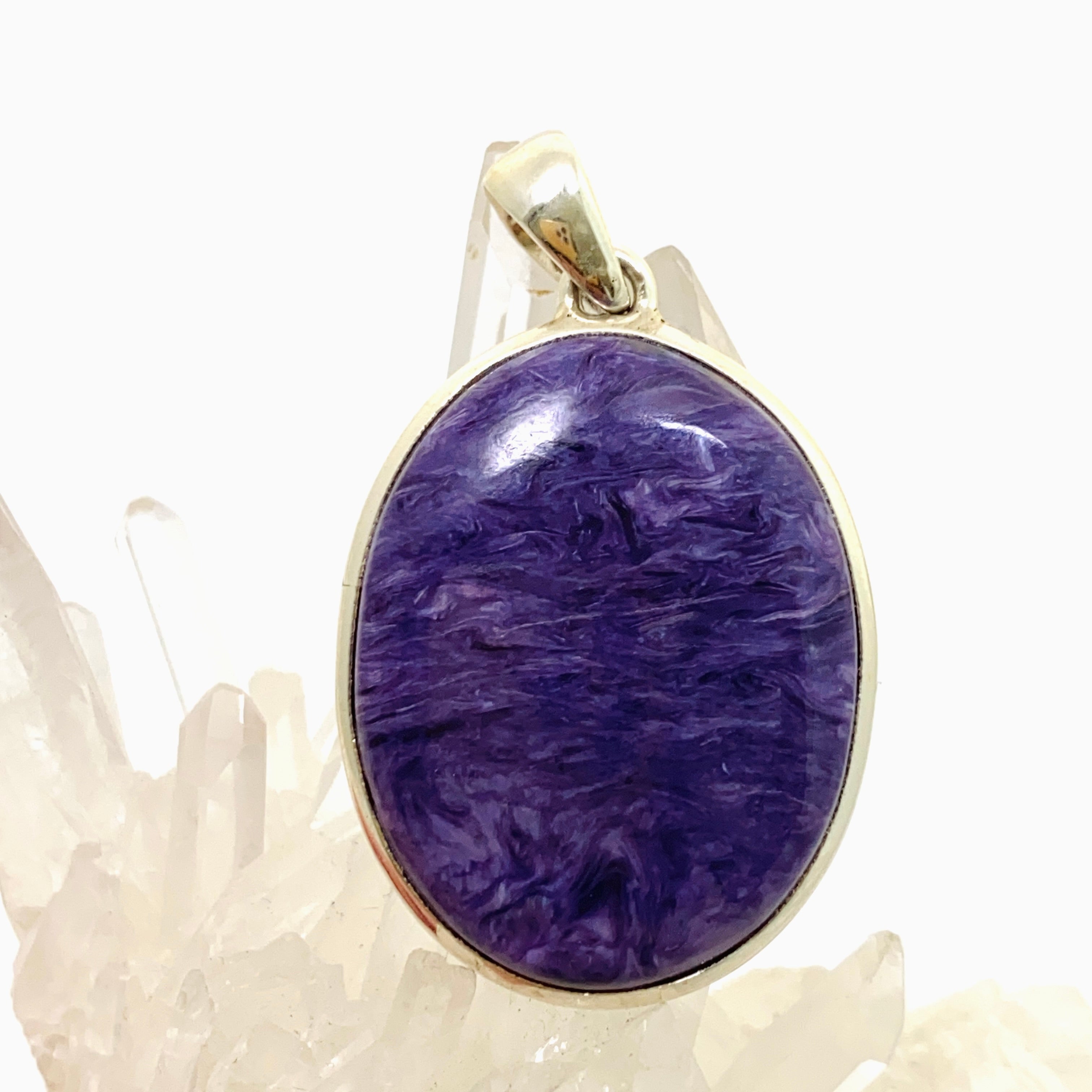 Natural Charoite Oval Cabochon Pendant - 925 Sterling Silver Jewelry PPGJ1045 | Healing Crystal Necklace for Meditation & Energy Work