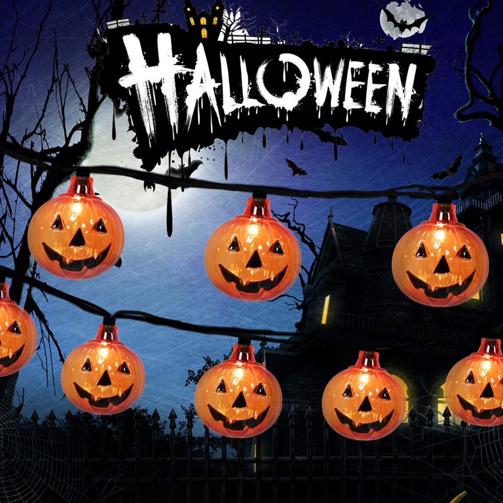 SUNSGNE 8.5Ft Pumpkin String Lights with 10 Smiling Jack-O-Lanterns - Waterproof Outdoor/Indoor Halloween Decorations for Patio, Garden, Party & Home Decoration