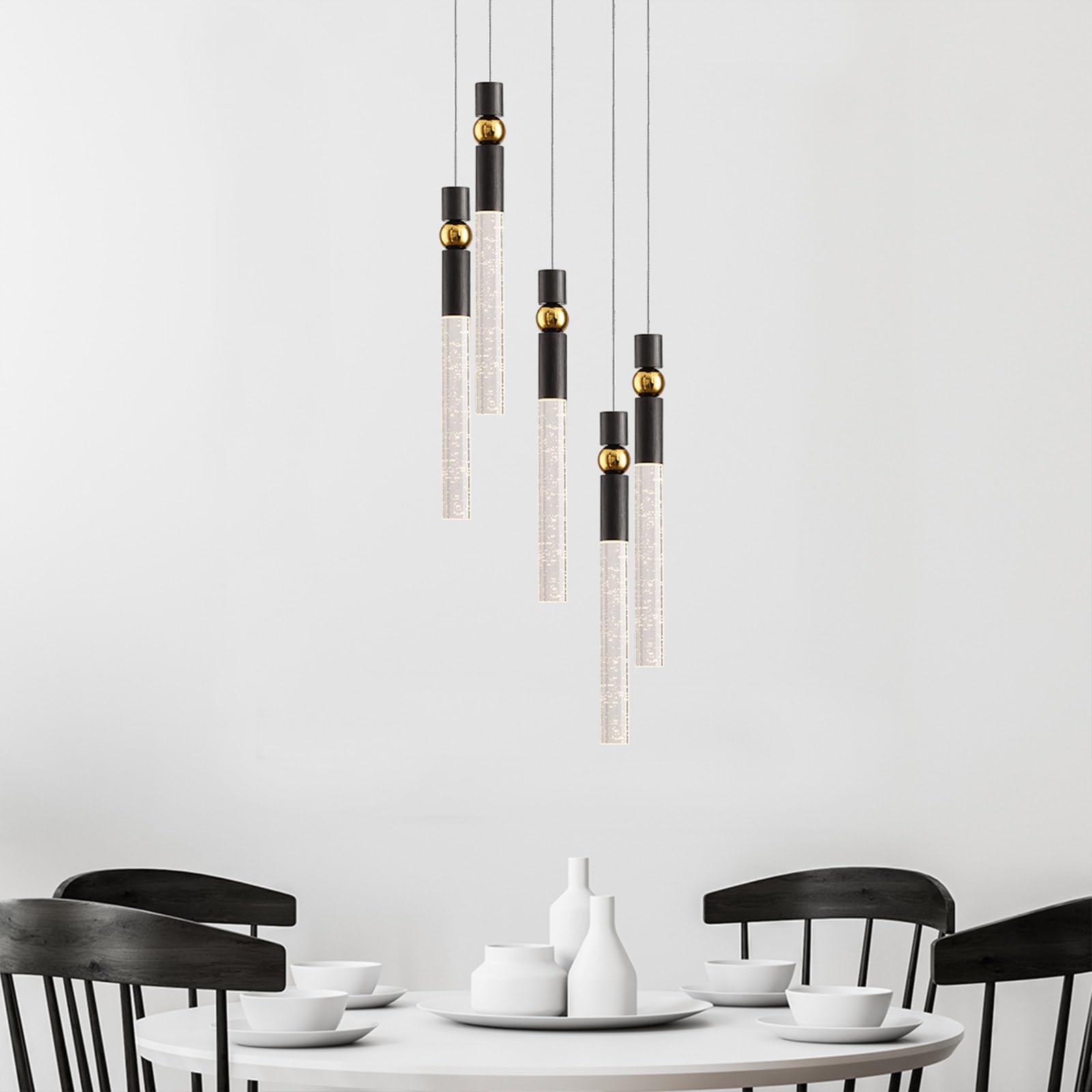 JoollySun Modern Crystal Pendant Light Fixture - 5-Light Cluster LED Chandelier for Kitchen Island, Dining Room Table in Black Gold Finish | Perfect for Contemporary Home Decor & Restaurant Lighting