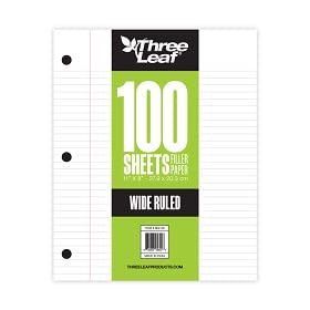 THREE LEAF 100 Sheets Wide Ruled Filler Paper - 3 Hole Punch Loose Leaf Notebook Paper for 3 Ring Binders, 10.5 x 8 Inches (Pack of 36) - Perfect for School Supplies, Homework Assignments, Journals & Office Organization