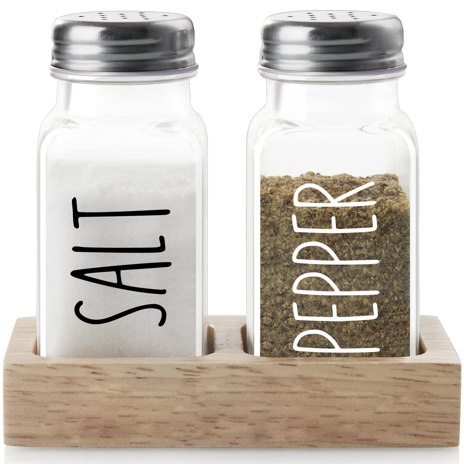 Dopeca Clear Glass Salt and Pepper Shakers Set with Wooden Holder - 2.7 oz Refillable Kitchen Seasoning Dispenser for Countertop or Dining Table - Perfect Wedding Gift & Home Decor Accessory - Ideal for Everyday Cooking, Entertaining, and Restaurant Use