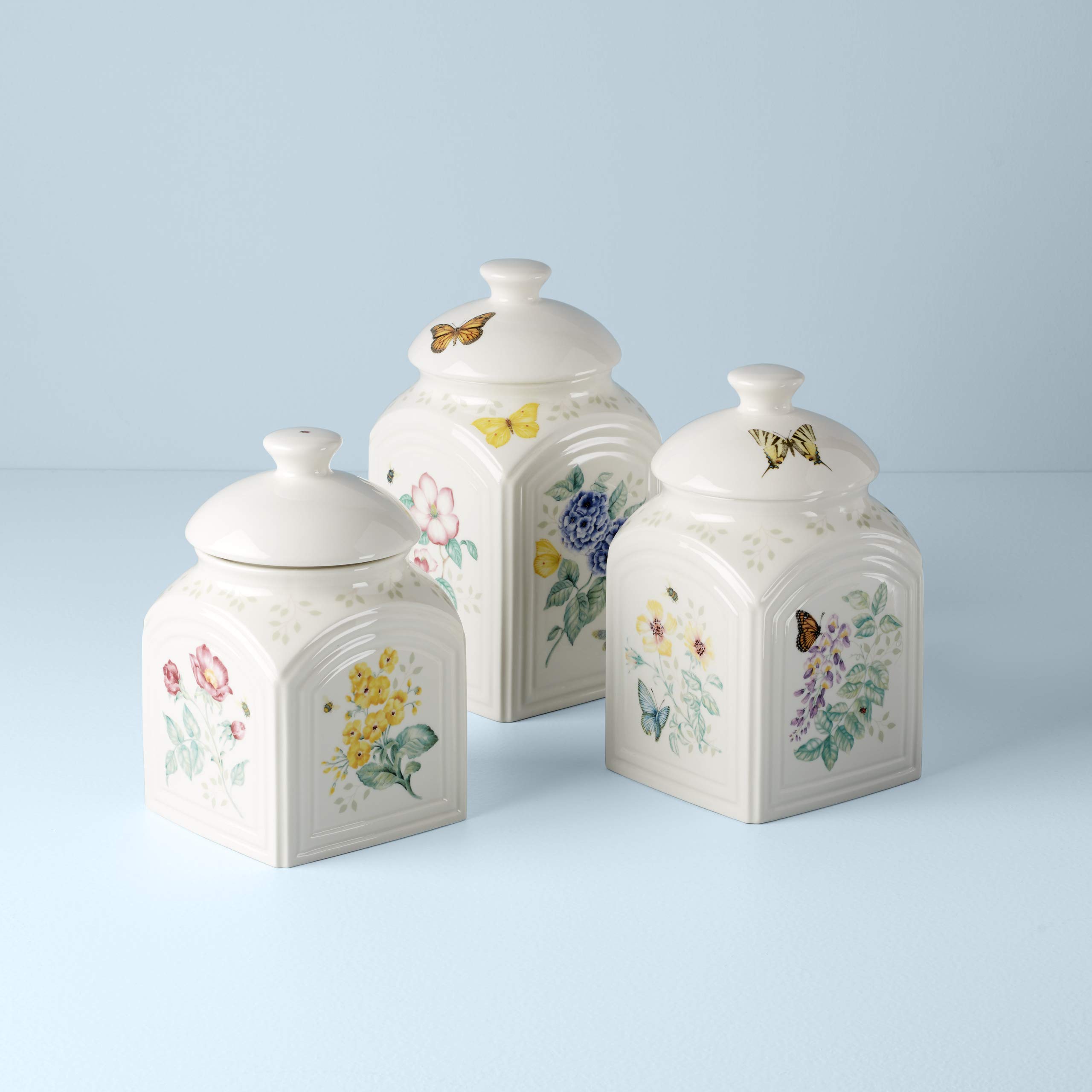 Lenox Butterfly Meadow Canister Set - 3-Piece Ceramic Storage Containers for Kitchen, Pantry & Countertop Organization - Perfect for Flour, Sugar, Coffee & Dry Food Storage