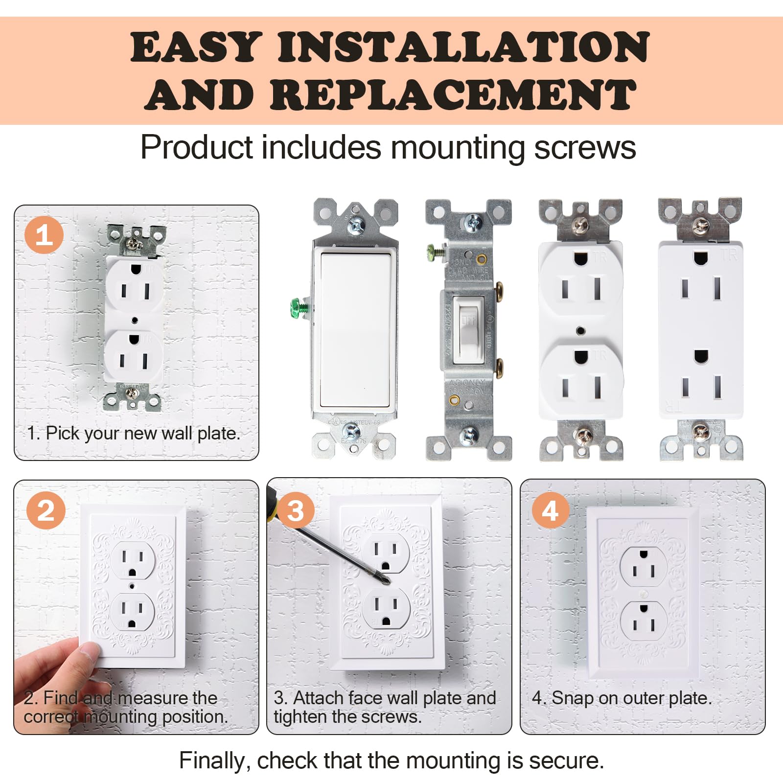 Petal Relief Design White Modern Decorative Outlet Covers & Light Switch Plates - Classic Style Duplex Receptacle Wall Plates, 4.9 x 3.1 Inch (10-Pack) - Perfect for Living Room, Bedroom & Office Decor