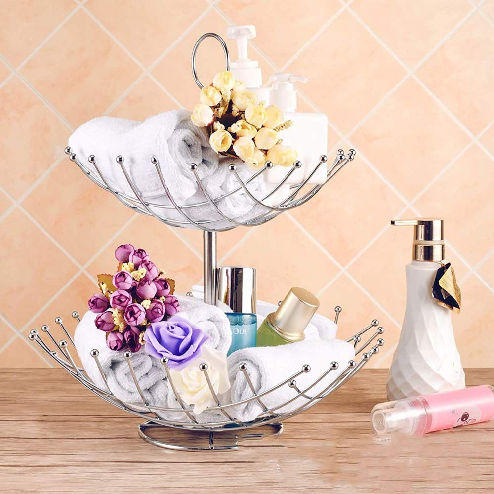 2-Tier Metal Fruit and Vegetable Basket - Kitchen Countertop Display Organizer for Fruits, Bread, Produce - Portable Double-Layer Storage Rack for Home, Restaurant, or Farmers Market Use
