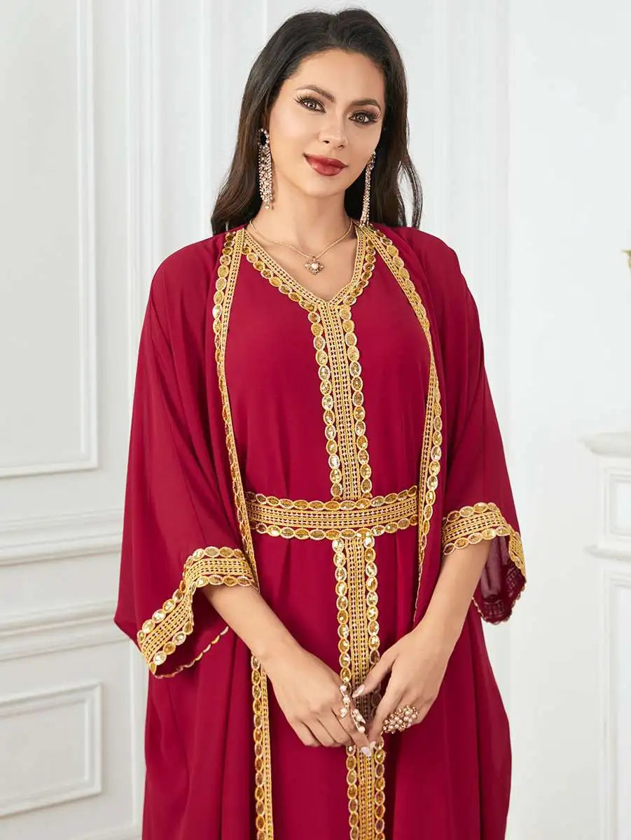 Elegant Eid Chiffon 2-Piece Caftan Dress Set with Sleeveless Inner Dress - Perfect for Muslim Women's Holiday Celebrations, Special Occasions & Summer Outfits