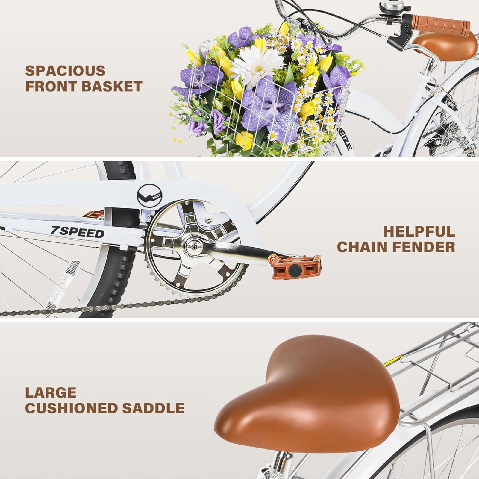 WEIZE 26 Inch White Beach Cruiser Bike for Adults - 7 Speed Commuter Bicycle with Comfortable Seat & Retro Style - Perfect for Beach Rides, City Commuting & Leisure Cycling