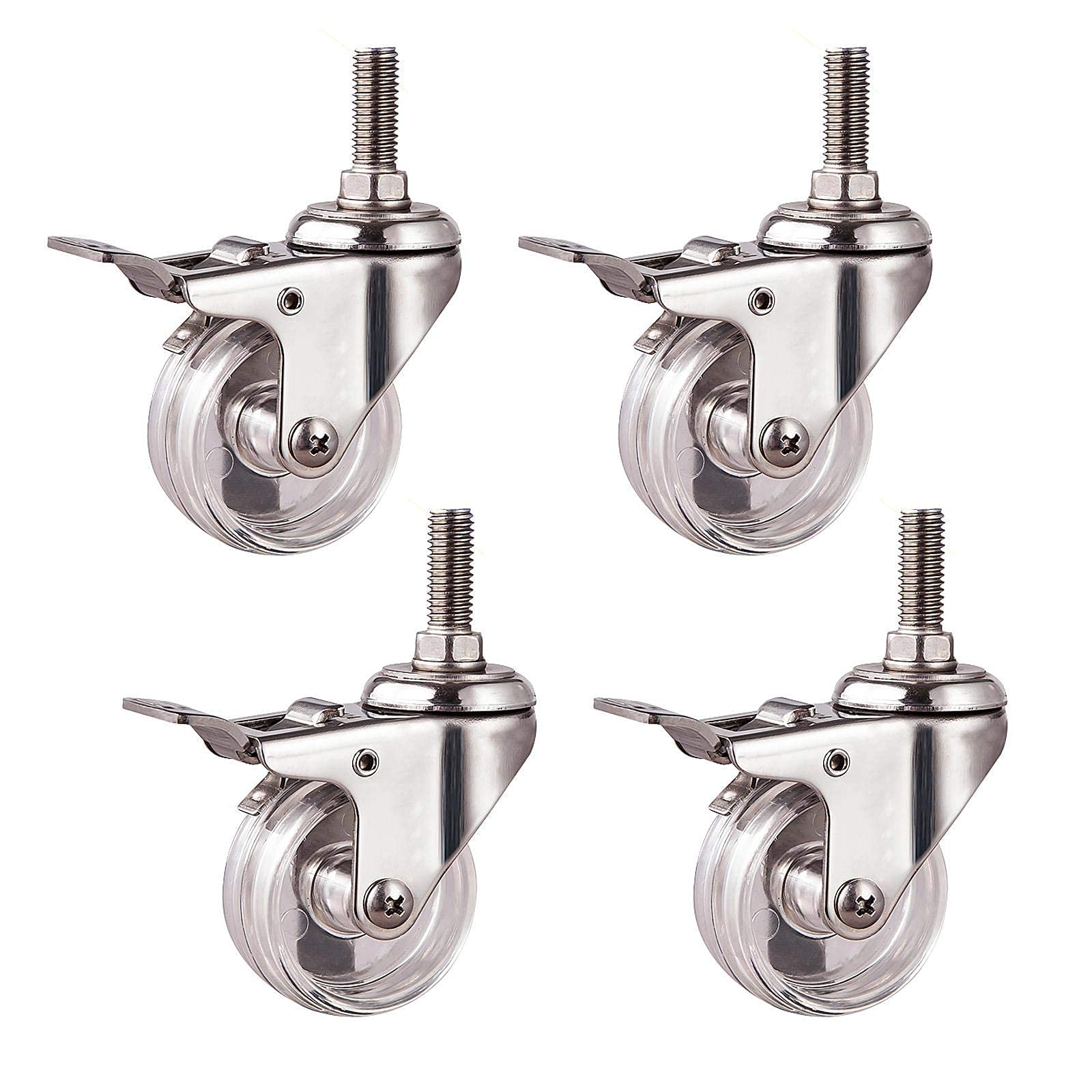 Heavy Duty Swivel Casters with Threaded Stem - 4 Pack M12x Transparent PC Wheels for Furniture, DIY Tools & Trolleys | Universal Replacement Casters with Stainless Steel Base | Perfect for Workshop, Garage & Industrial Use
