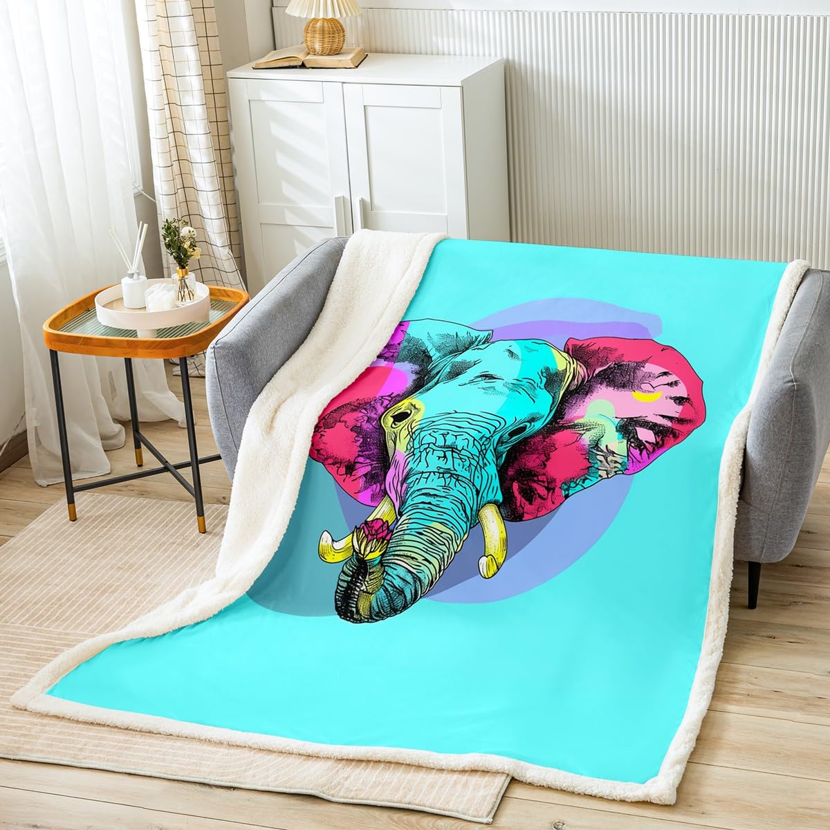 Psychedelic Elephant Plush Fleece Throw Blanket - Boho Sherpa Blanket for Boys, Girls, Kids & Teens - Soft Teal Blue Floral Bird Design - 40x50 Inch Cozy Blanket for Sofa, Bed, Couch & Nursery Decor