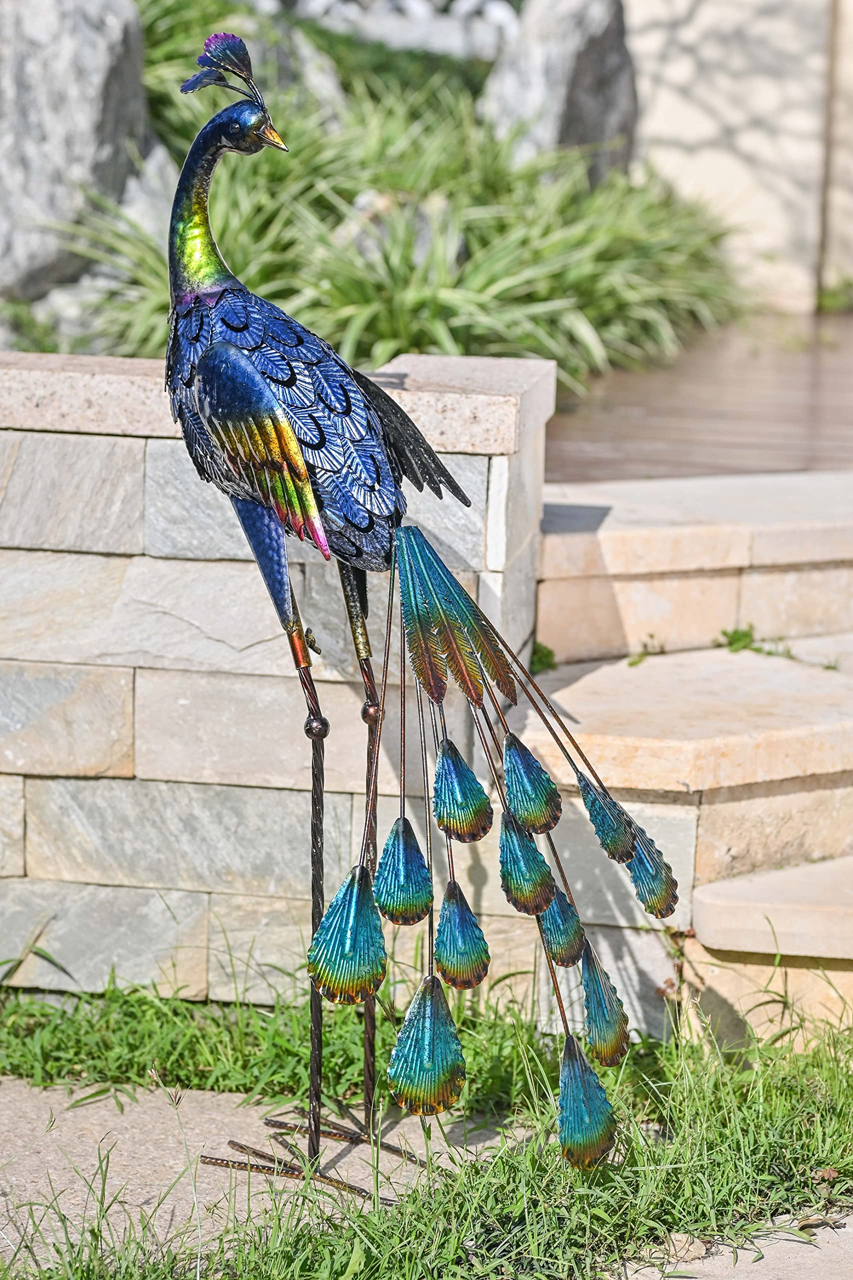 TERESA'S COLLECTIONS 31.5 Inch Solar Peacock Stake Lights & 35 Inch Metal Peacock Garden Statue - Outdoor Decor for Patio, Lawn & Yard | Elegant Solar-Powered Lighting & Decorative Metal Sculpture for Garden Landscaping