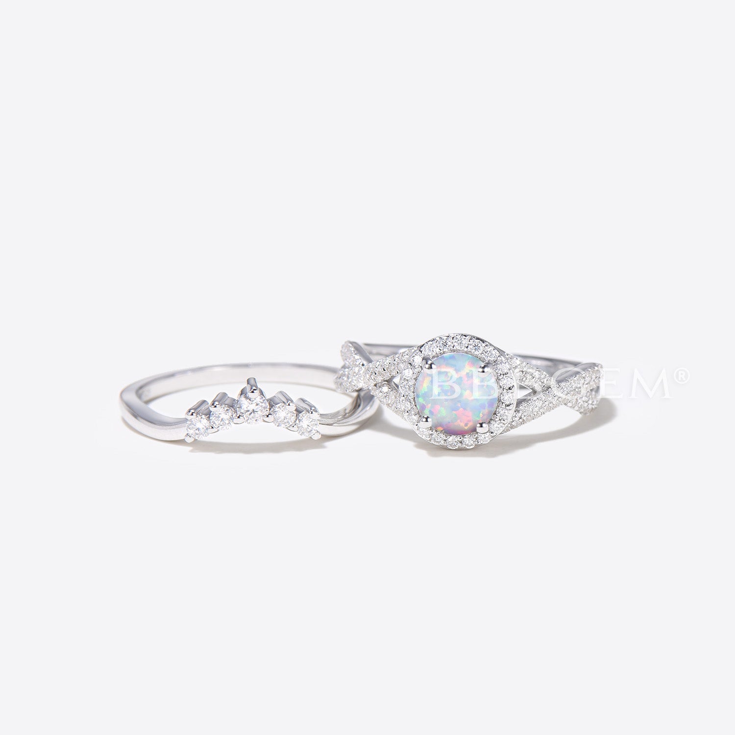 Vintage Opal Engagement Ring Set for Women - 14K White Gold Halo Diamond/Moissanite Wedding Band - Elegant Bridal Jewelry for Proposals, Anniversaries & Special Occasions