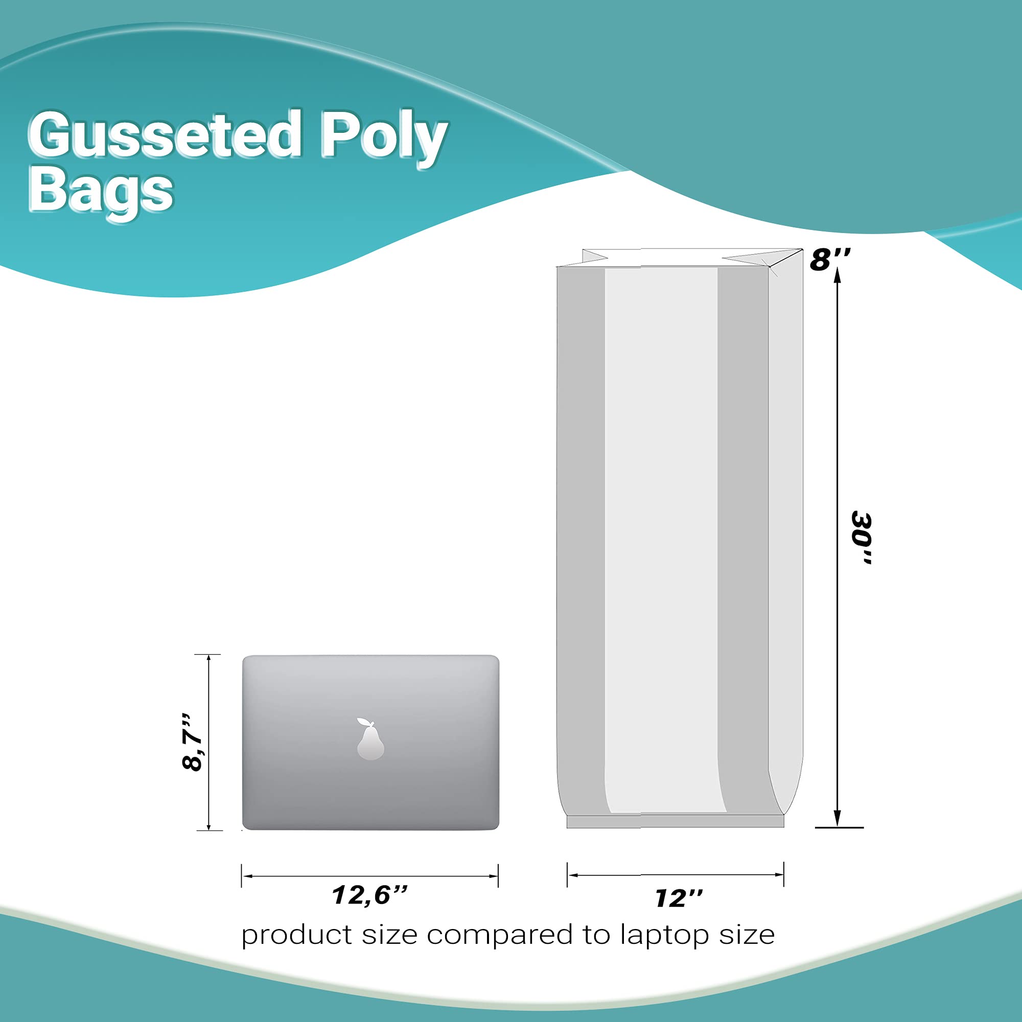 APQ 250 Pack Clear Polyethylene Gusseted Bags 12x8x30 Inches - 3 Mil Thickness Expandable Side Gusset Bags for Industrial, Food Service & Healthcare - Perfect for Packaging, Storage & Shipping Needs