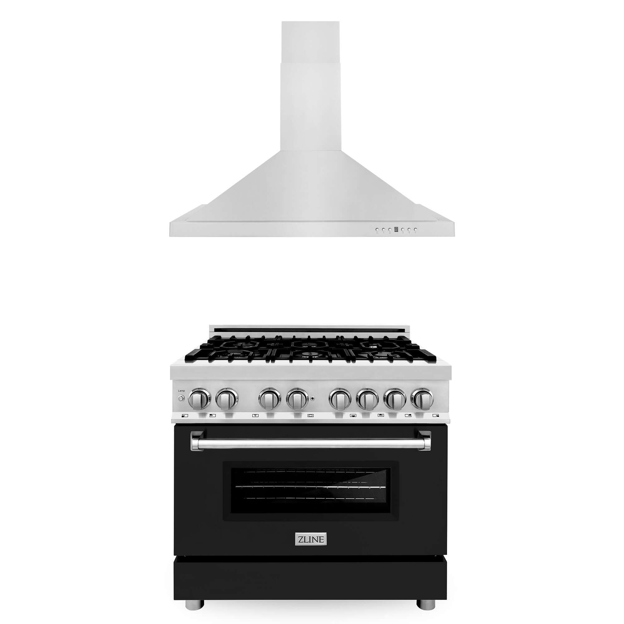 ZLINE 36 Inch Professional Dual Fuel Range Kitchen Package - Stainless Steel Gas Range with Black Matte Door & Convertible Vent Hood (2KP RABLMRH36) - Perfect for Home Chefs & Modern Kitchens