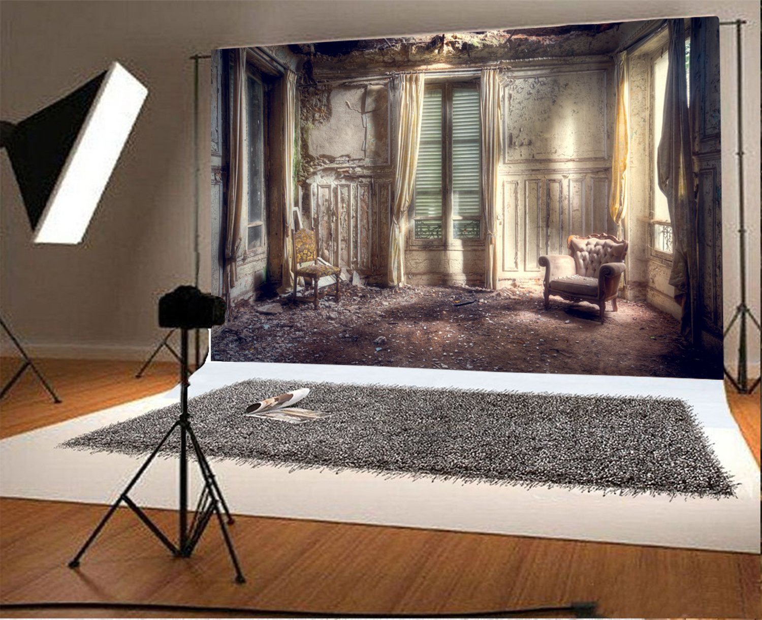 Vintage Shabby House Interior Photography Backdrop - 10x6.5ft Distressed Room Scene with Decayed Chairs & Abandoned Building Background for Adult Portraits, Photo Booth, Video Studio Props | Perfect for Halloween, Gothic, Horror & Vintage Themed Photoshoots