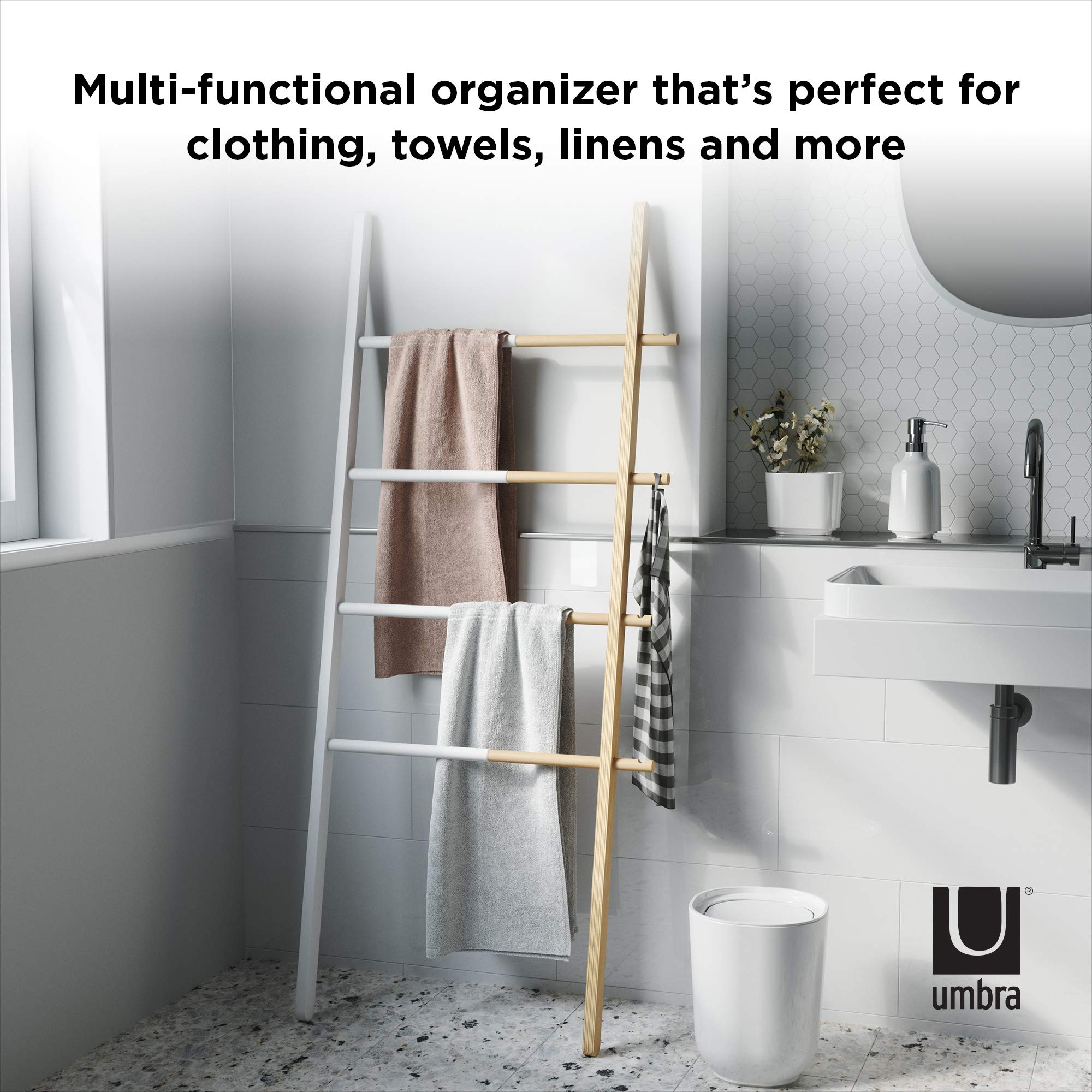 Umbra Hub Ladder - Expandable Freestanding Clothing Rack, Bathroom Towel Holder & Clothes Organizer in White/Natural - Perfect for Bedroom, Laundry Room & Small Space Organization