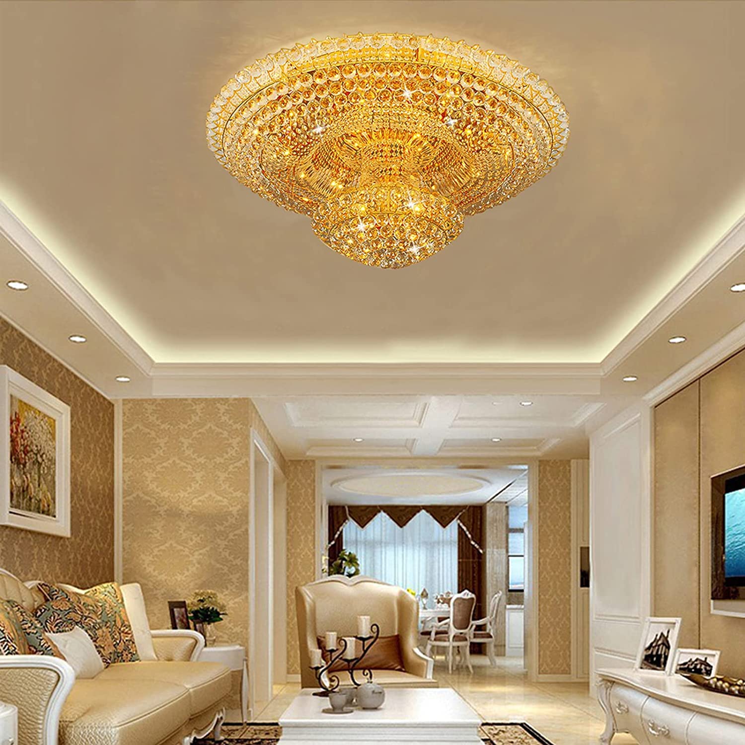 K9 Crystal LED Chandelier - 7-Light Dimmable Flush Mount Ceiling Light Fixture with Luxury Crystal Pendants | E12 Bulb Required (Not Included) | Perfect for Kitchen Island, Dining Room & Living Room Lighting