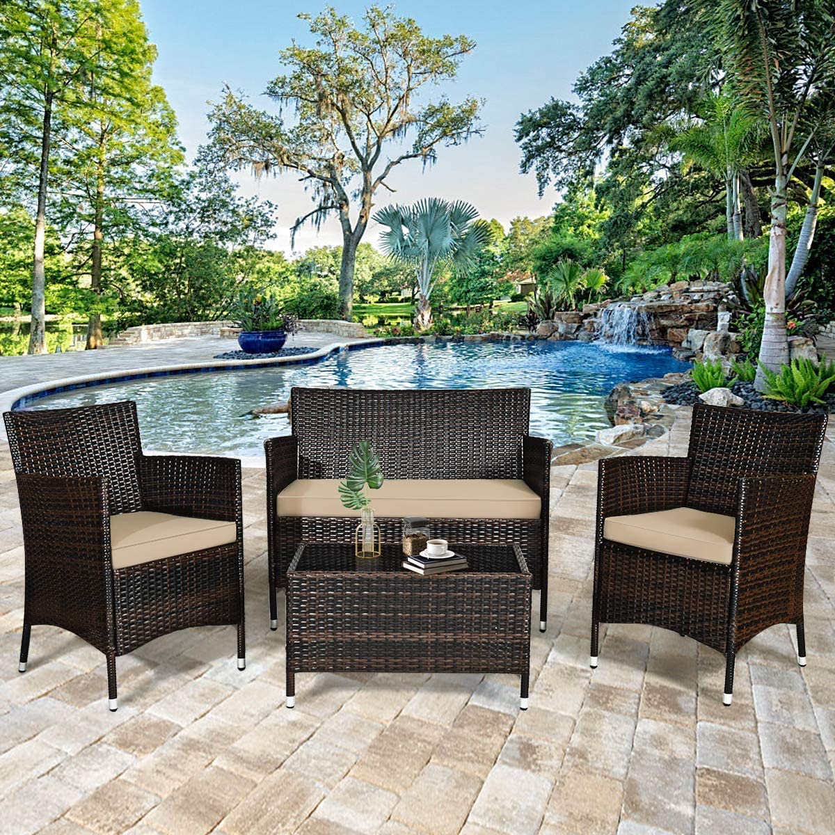 GLACER 4-Piece All-Weather Wicker Patio Furniture Set - Outdoor Rattan Sofa Sectional with Thick Cushions & Glass Coffee Table - Brown Garden Conversation Set for Backyard, Lawn, Poolside & Patio Relaxation
