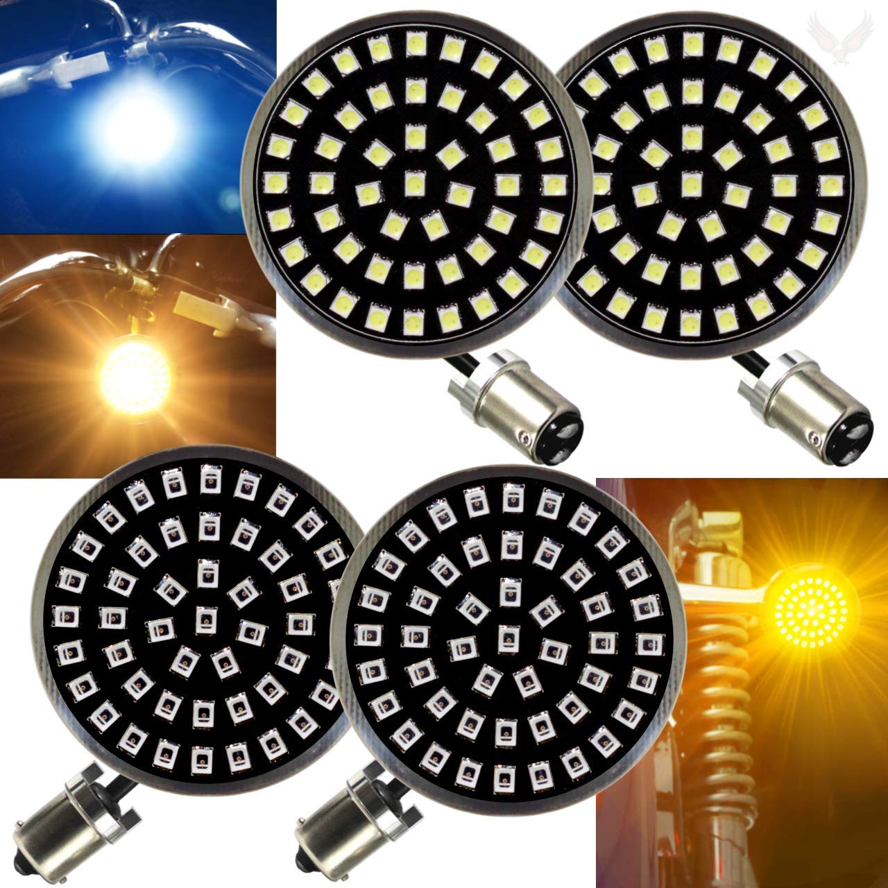Eagle Lights Midnight Edition 2 Inch LED Turn Signal Kit with White Running Lights for Harley Davidson Motorcycles – Front (1157), Rear Amber (1156), Smoked Lenses | Enhanced Visibility & Style for Night Riding & Custom Bike Builds