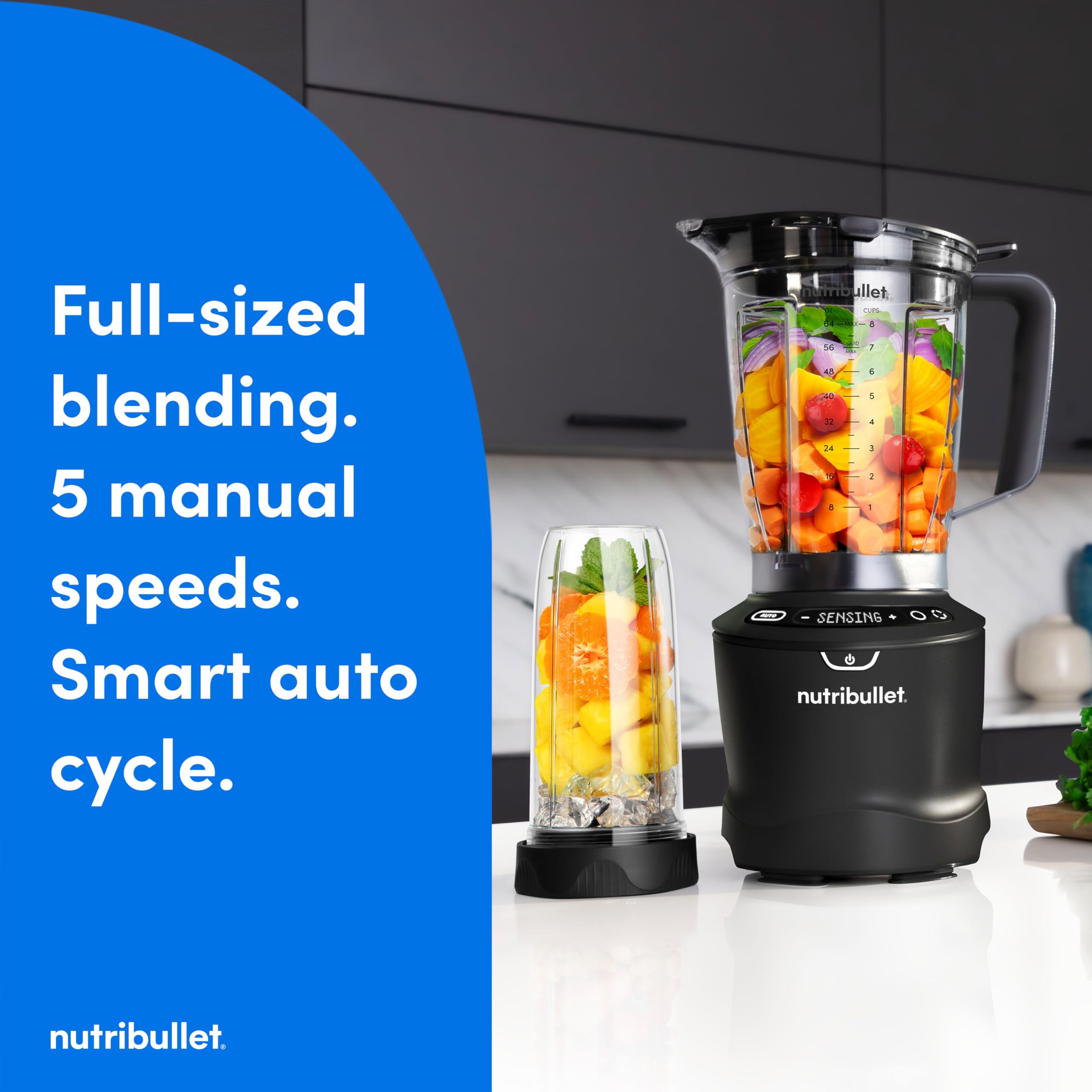 Nutribullet SmartSense Blender Combo - 1400W High-Power 5-Speed Blender with Matte Black Finish - Perfect for Smoothies, Juices, and Meal Prep in Your Kitchen