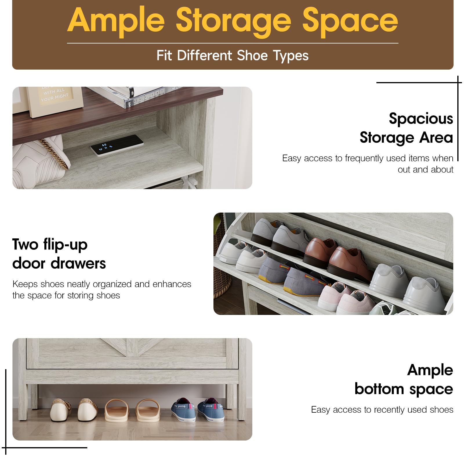 Shoe Storage Cabinet with 2 Flip Drawers - Automatic Deodorizing Shoe Organizer - Freestanding Beige Oak Shoe Rack for Entryway, Closet & Bedroom Organization