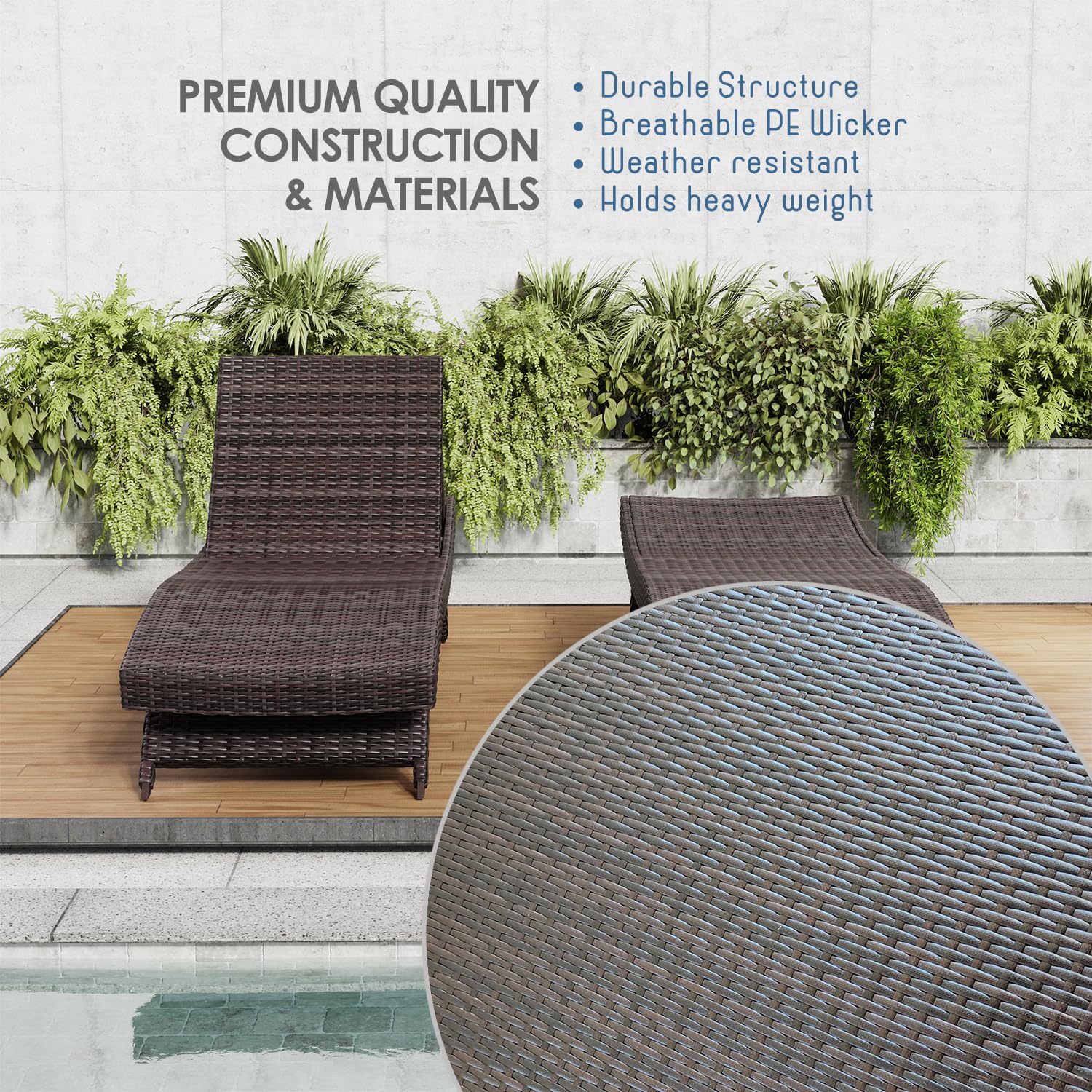Nestl Chaise Lounge Chair Outdoor Set of 2 - Wicker Patio Lounge Chairs with Reclining Backrest - Perfect for Poolside, Garden, and Backyard Relaxation