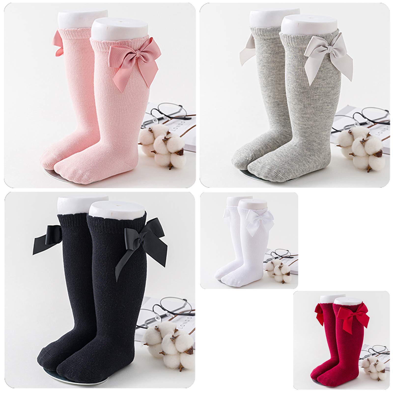 **Baby Girls Knee High Socks with Bows - Soft Cotton Knit Long Stockings for Infants & Toddlers (5 Pairs) - Perfect for Playtime, School & Special Occasions**