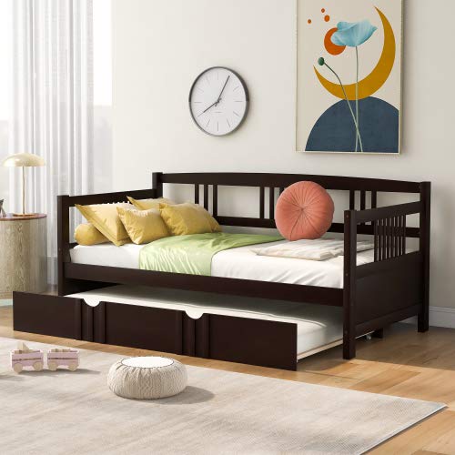 Twin Size Wooden Daybed with Trundle - Espresso Finish | Space-Saving Sleeper for Guest Room, Kids Bedroom & Small Apartments