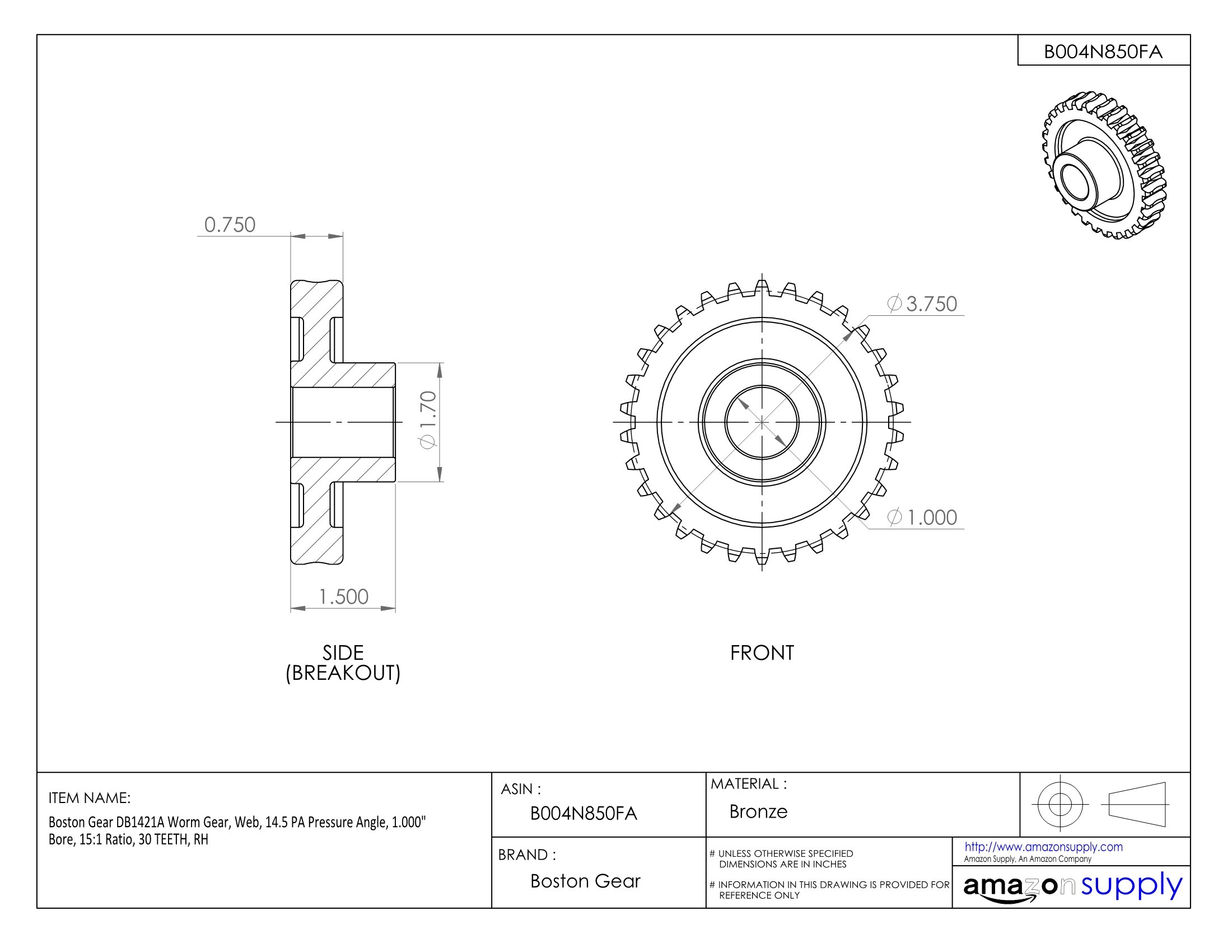 High-Quality DB1421A Worm Gear - 14.5 PA Pressure Angle, 1.000