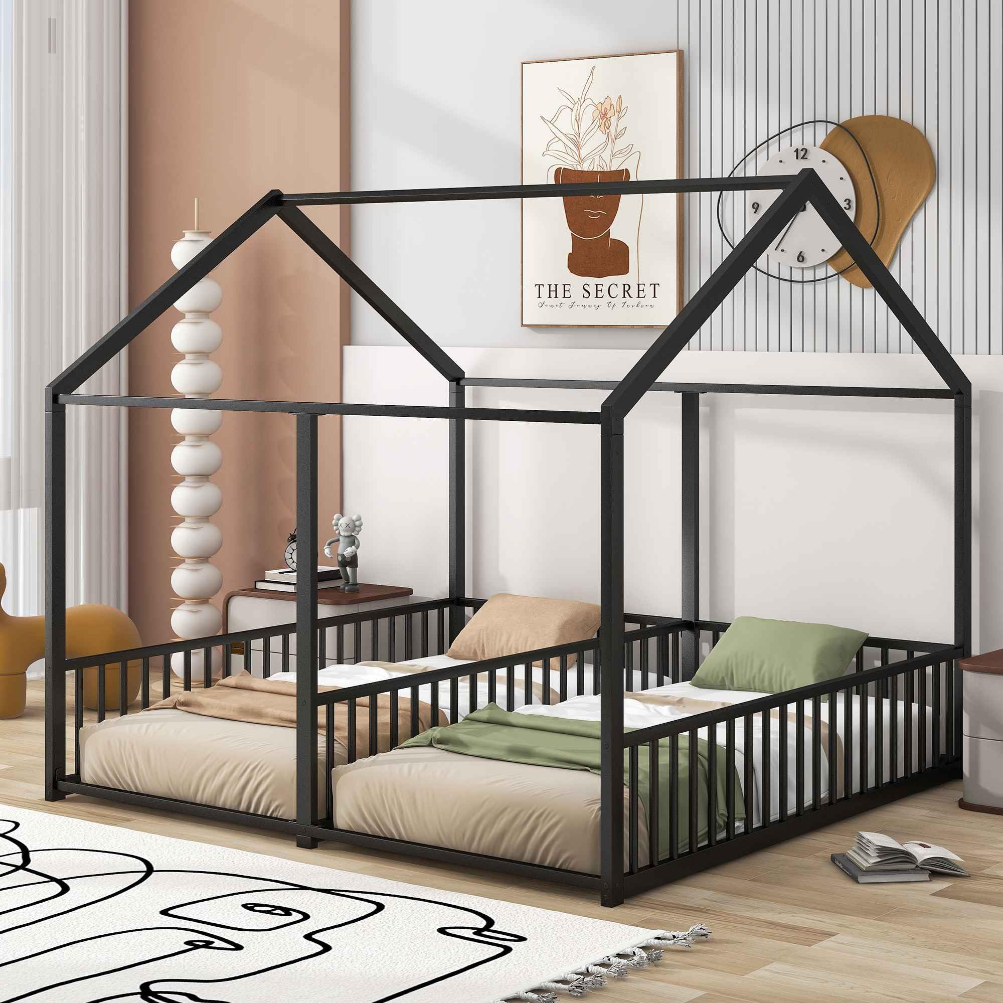 Metal Twin Size Double Platform Bed with Roof and Fence - House Shaped Shared Bed Frame for Kids, Teens, Boys & Girls - Sturdy Bedroom Furniture (80.3