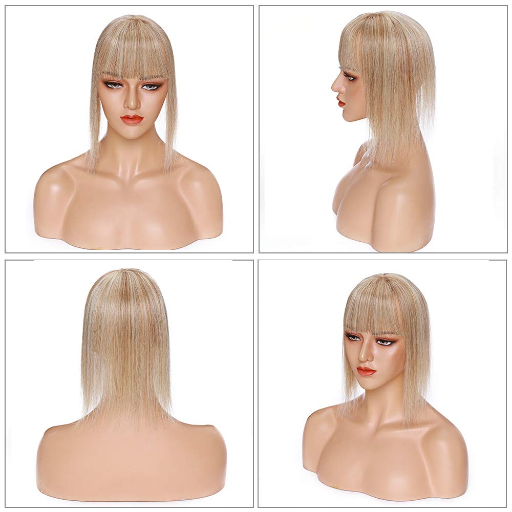 MY-LADY Clip-In Human Hair Topper with Bangs - 150% Density Natural Mono Base, 100% Real Human Hair, Straight Middle Part for Thinning Hair & Hair Loss, 18 Inch #12/613 Blonde - Perfect for Daily Wear, Special Occasions & Hair Volume Enhancement
