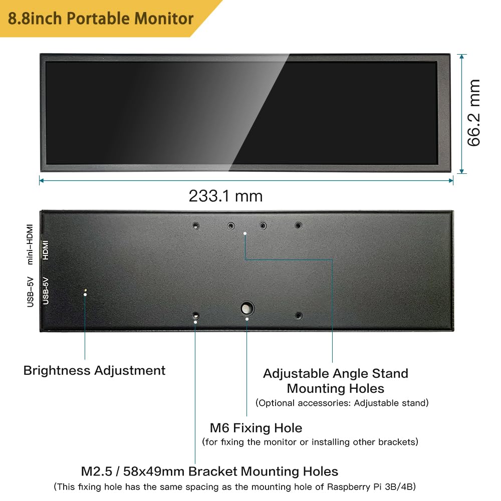 8.8 Inch Mini Ultra Wide Monitor - 1920x480 PC Case Temperature Display with AIDA64 Support | Stretched Bar Screen for CPU, RPi & PC Sensor Monitoring | Perfect for Gaming Rigs, Workstations & DIY PC Builds