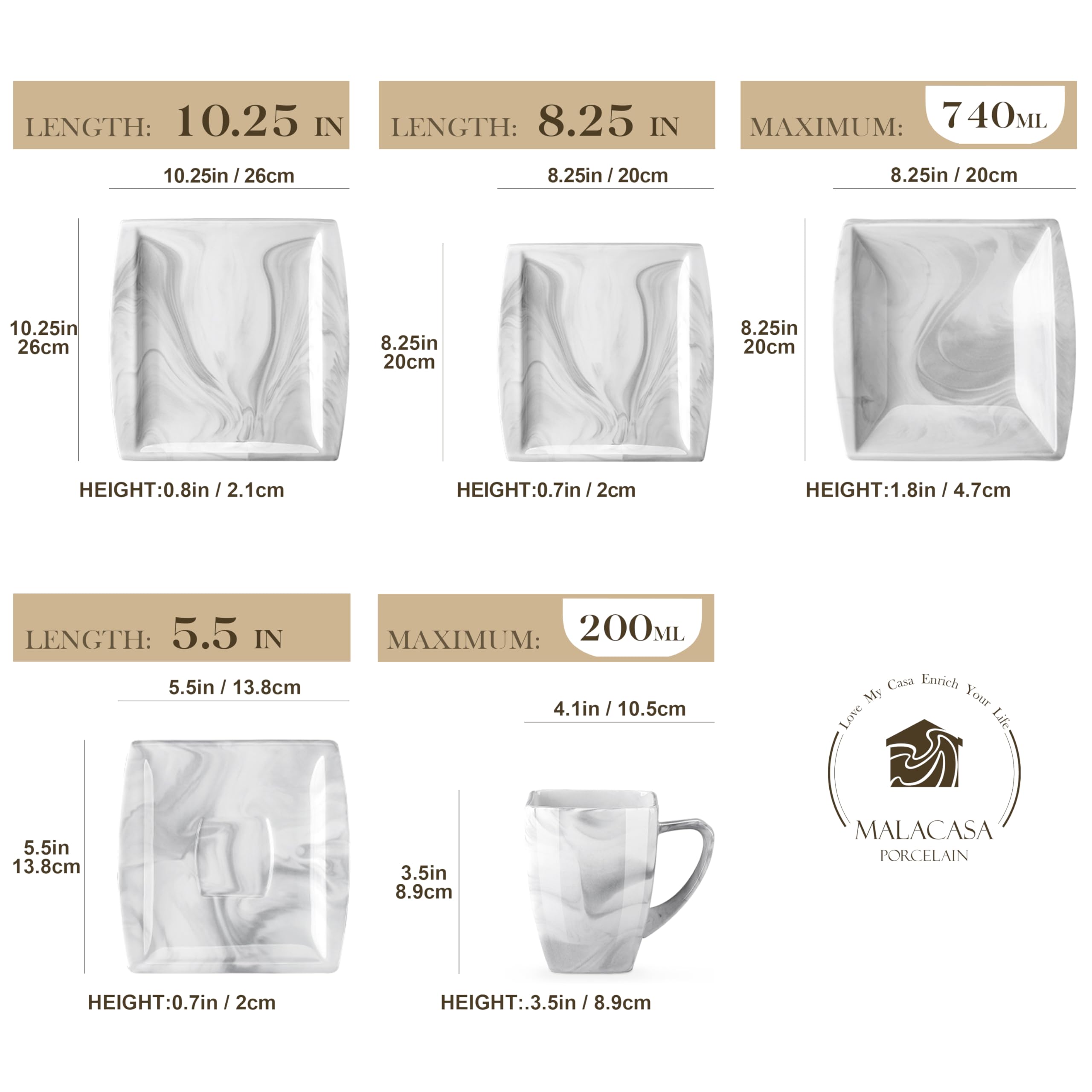 MALACASA 30-Piece Square Porcelain Dinnerware Set for 6 - Marble Grey Plates & Bowls with Dinner Plates, Dessert Plates, Soup Bowls, Cups & Saucers | Dishwasher & Microwave Safe, Blance Series | Perfect for Family Dinners, Dinner Parties & Restaurant Use