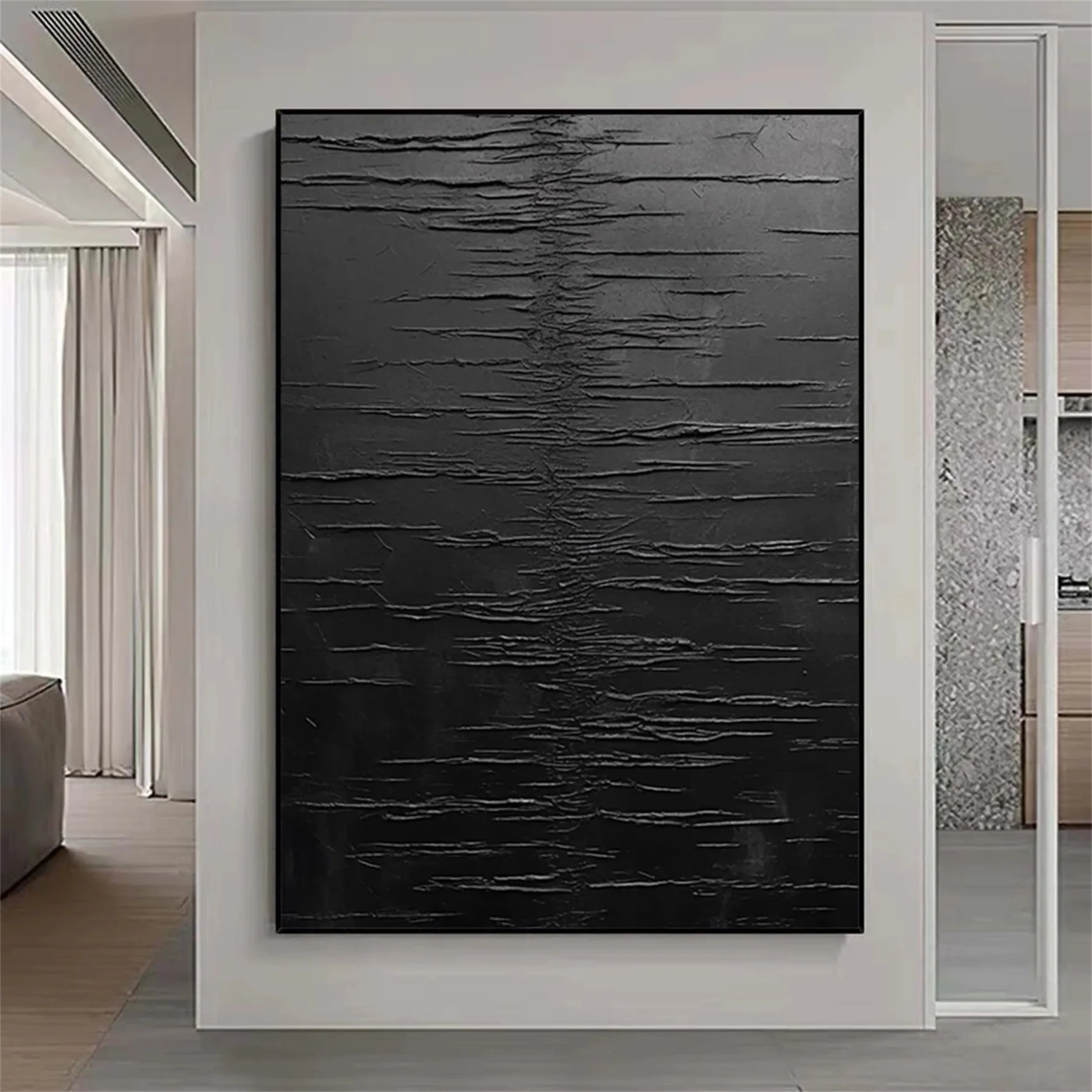 Black Minimalist Textured Painting Canvas - Modern Abstract Wall Art Decor for Living Room, Bedroom & Office - Premium Quality Artist Canvas #MZ079