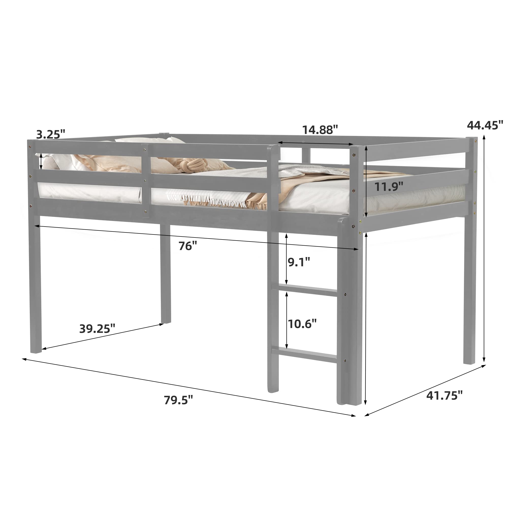 **Solid Wood Twin Loft Bed for Kids with Ladder & Guard Rail - Sturdy Low Bunk Bed Frame for Boys & Girls - No Box Spring Needed - Easy Assembly (Grey) - Perfect for Small Bedrooms, Dorms & Kids' Rooms**