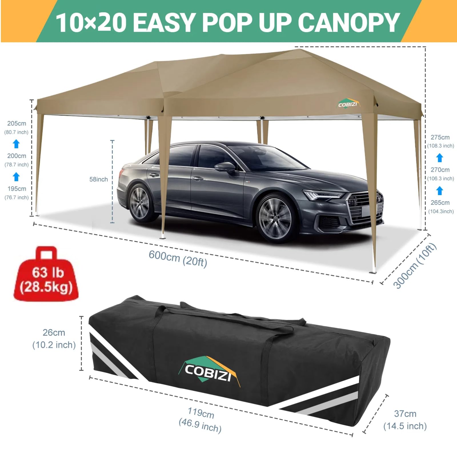 COBIZI 10x20 Pop Up Canopy Tent with 6 Sidewalls - Waterproof Instant Shelter, UPF 50+ Sun Protection, Portable Gazebo for Outdoor Events, Beach Camping, Weddings & Commercial Use - Easy Setup Khaki Canopy