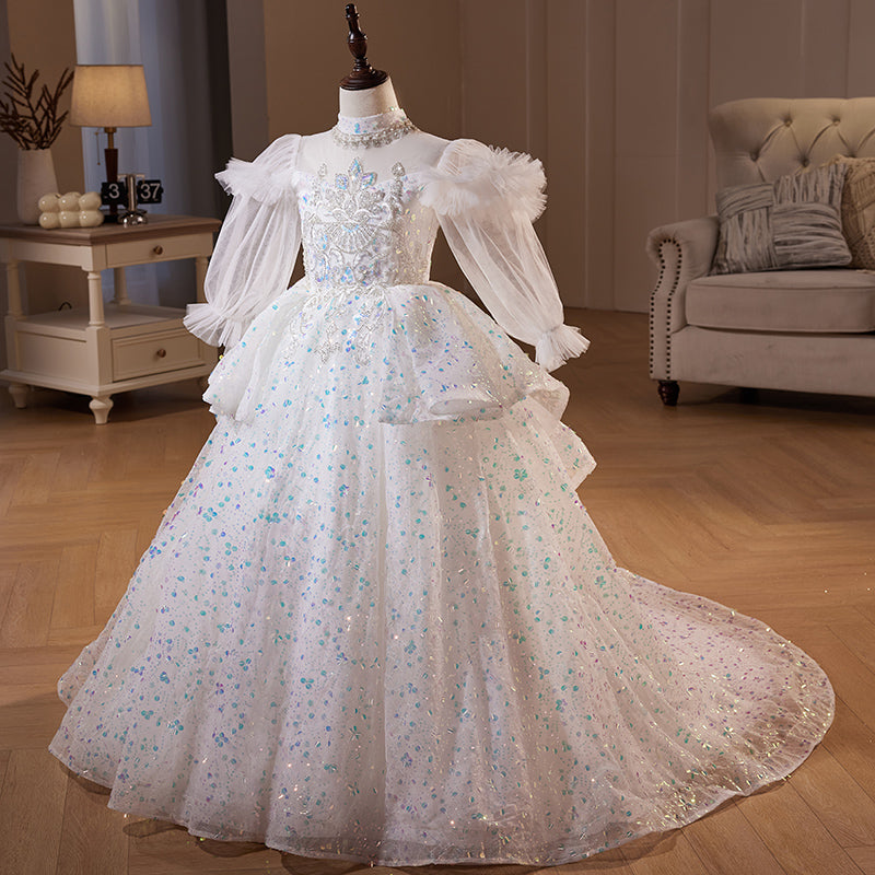 First Communion Dresses for Girls - Elegant Long Sleeve Sequin Flower Girl Pageant Princess Gown | Perfect for Church Ceremonies, Baptisms, and Special Occasions