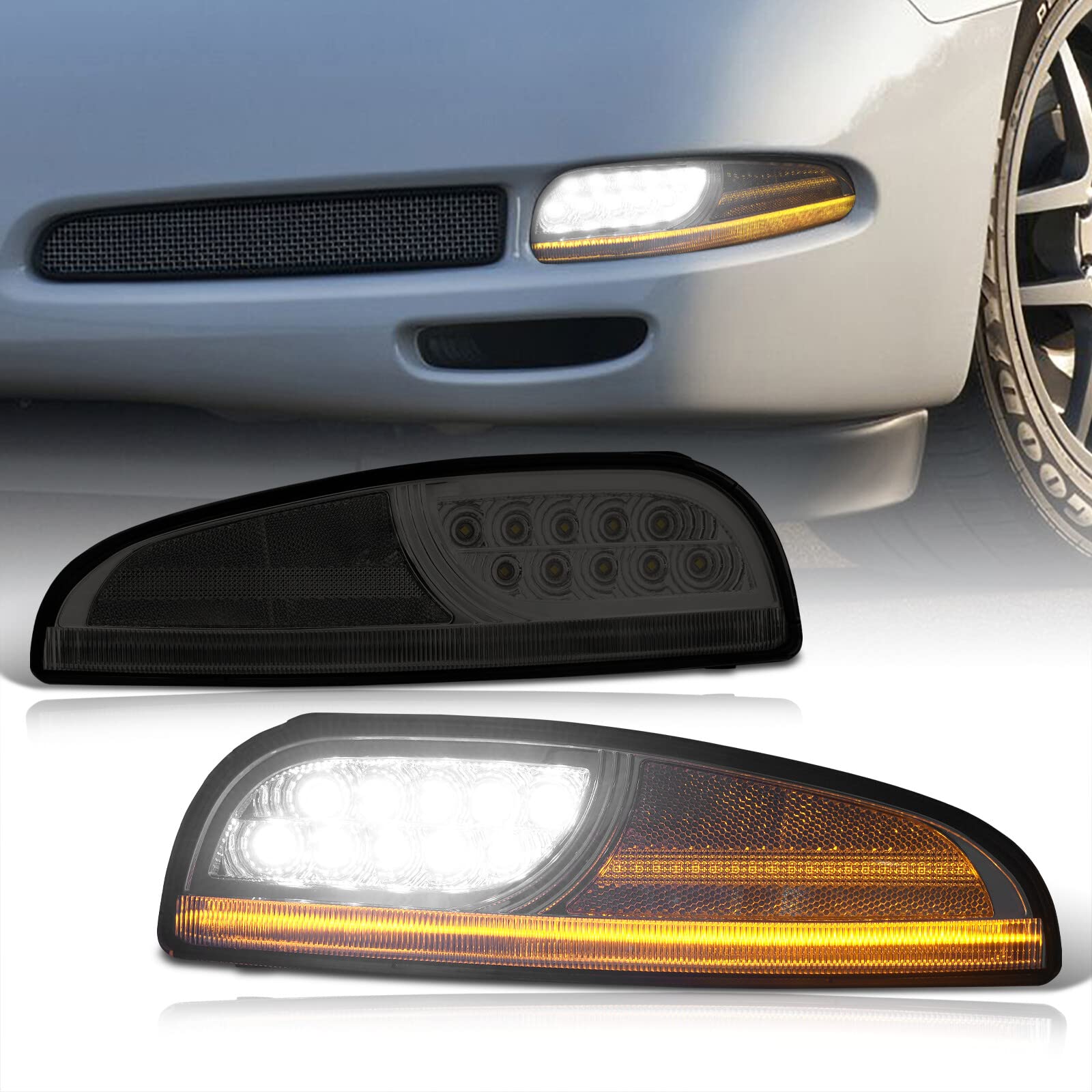 AJP Distributors Smoke Front Bumper Sequential LED DRL Dynamic Turn Signal Lights for Corvette C5 (1997-2004) - Replacement Driving Lamps with Hyperflash Harness | Enhance Style & Safety for Night Driving & Car Shows