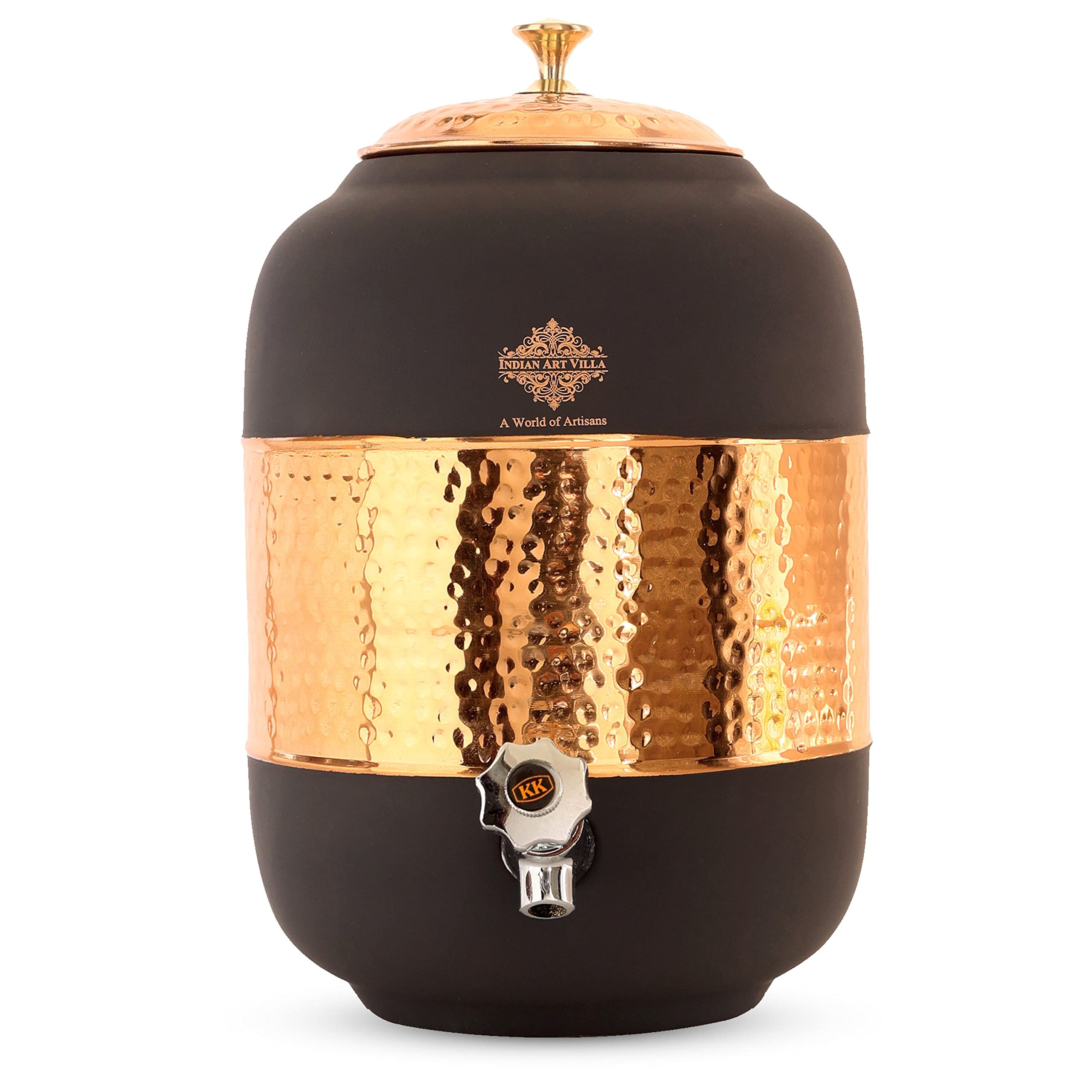 Handmade Indian Art Villa Half Hammered Copper Water Pot with Silk Finish - 270oz (8L) Grey - Traditional Water Storage for Home, Yoga, Ayurveda & Spiritual Ceremonies