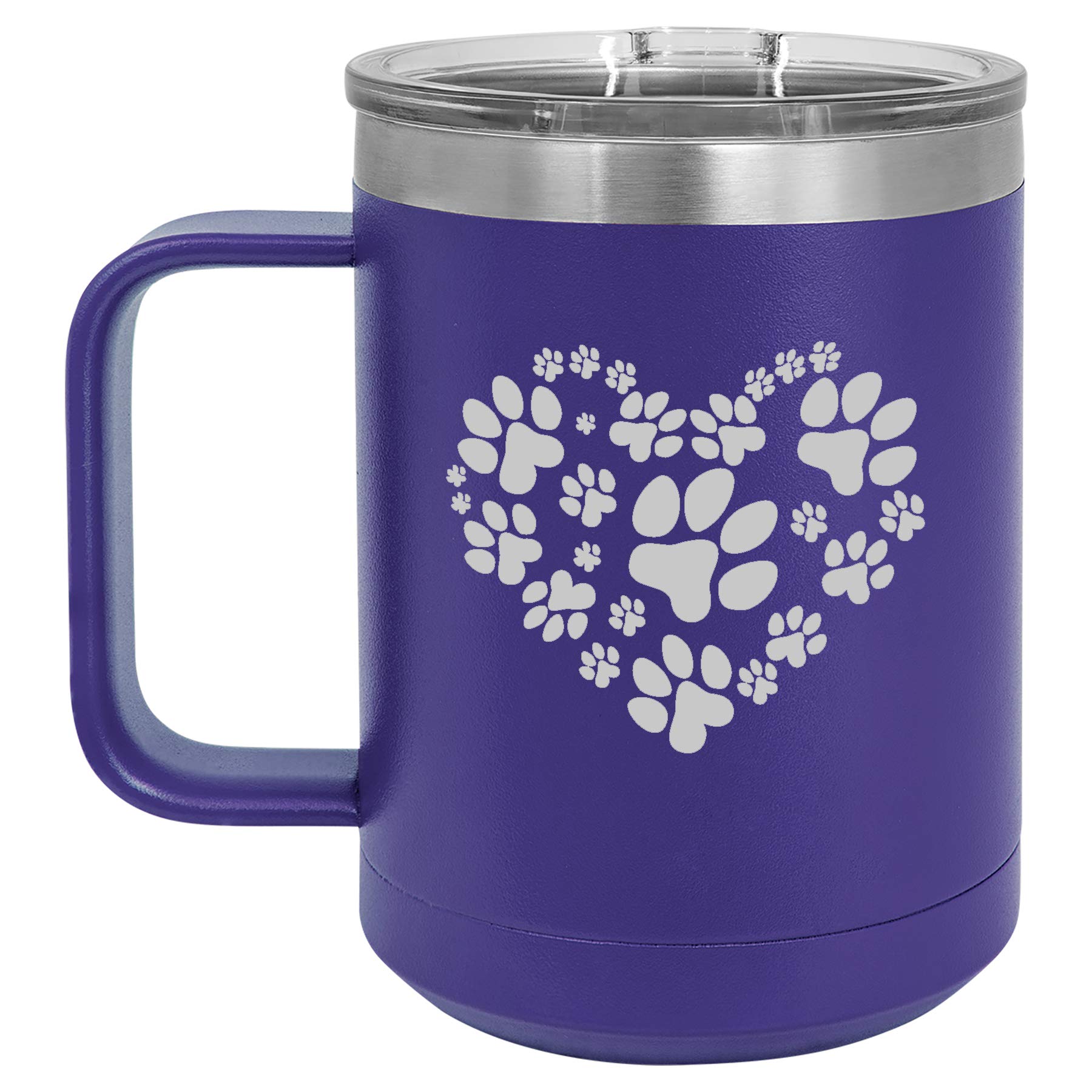 15 oz Vacuum Insulated Stainless Steel Tumbler with Handle & Lid - Heart Paw Print Design (Purple) | Leakproof Travel Coffee Mug for Hot & Cold Drinks | Perfect for Commuting, Camping & Office Use