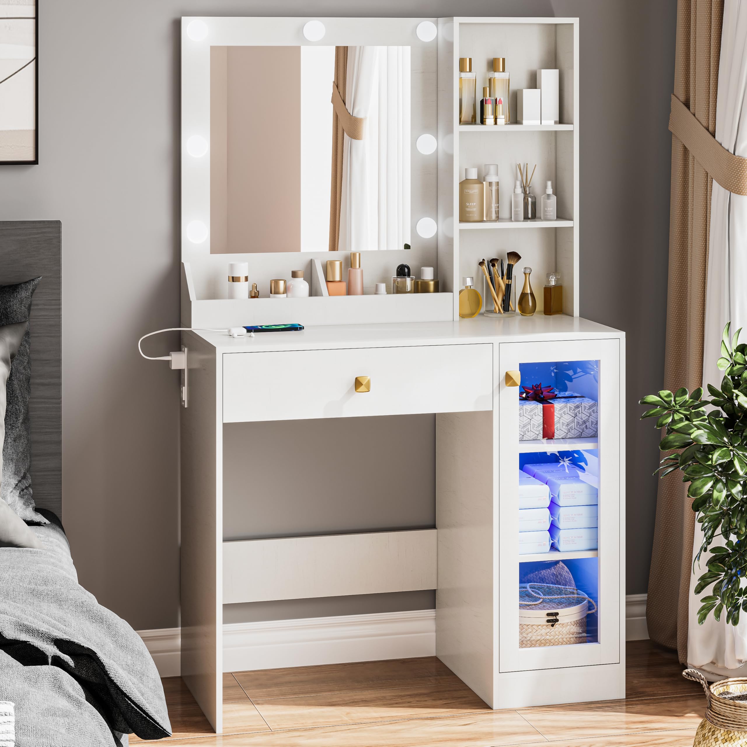 Vanity Desk with Mirror and LED Lights, Makeup Dressing Table with USB Charging Station, RGB Storage Cabinet & Large Drawer, White Bedroom Furniture for Women - Perfect for Makeup Application, Skincare Routine and Home Decor