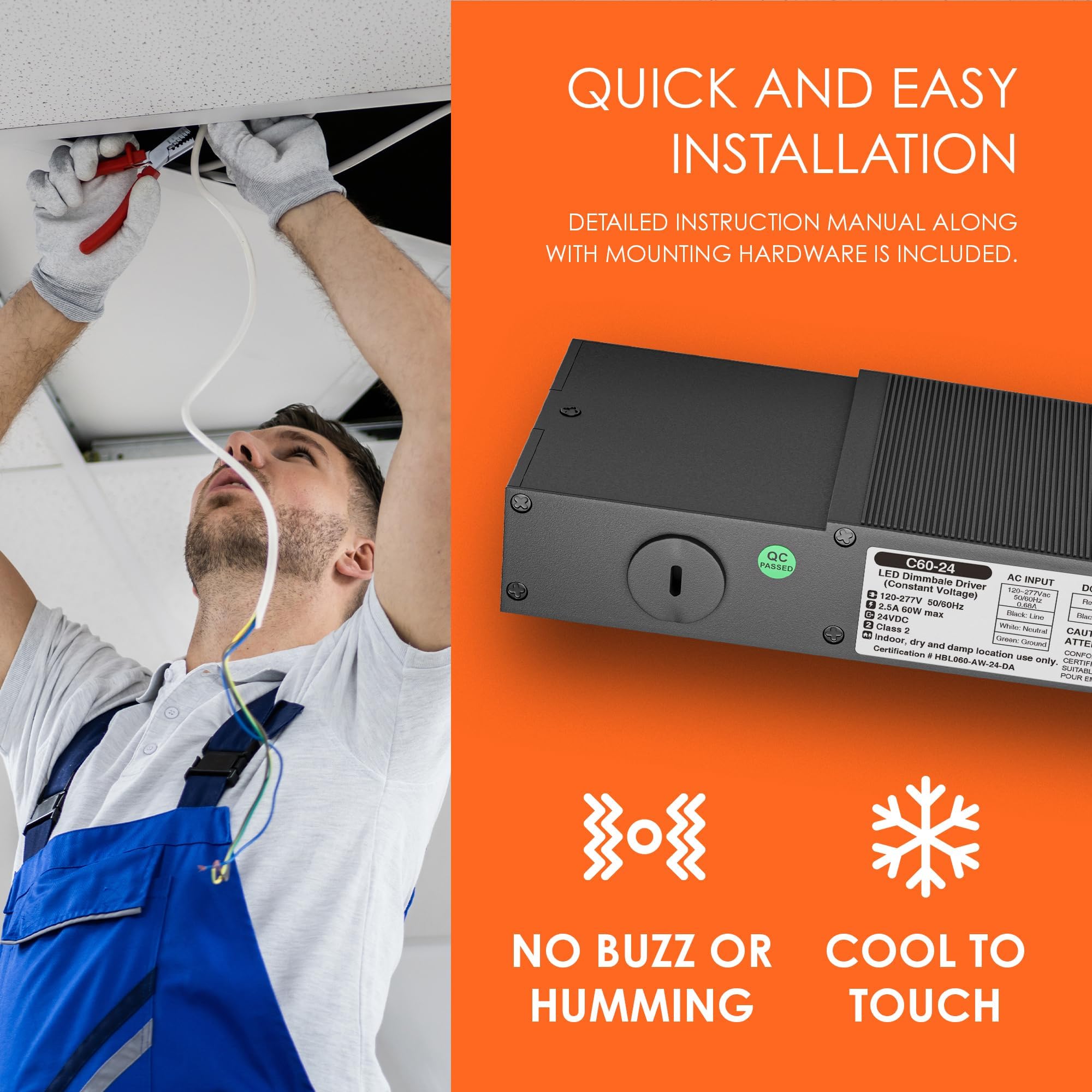 24V DC 60W LED Driver - Dimmable Power Supply for LED Strip Lights, Compatible with Lutron & Leviton Dimmers | Ultra Quiet Electronic Transformer | Perfect for Home, Office & Commercial Lighting Projects