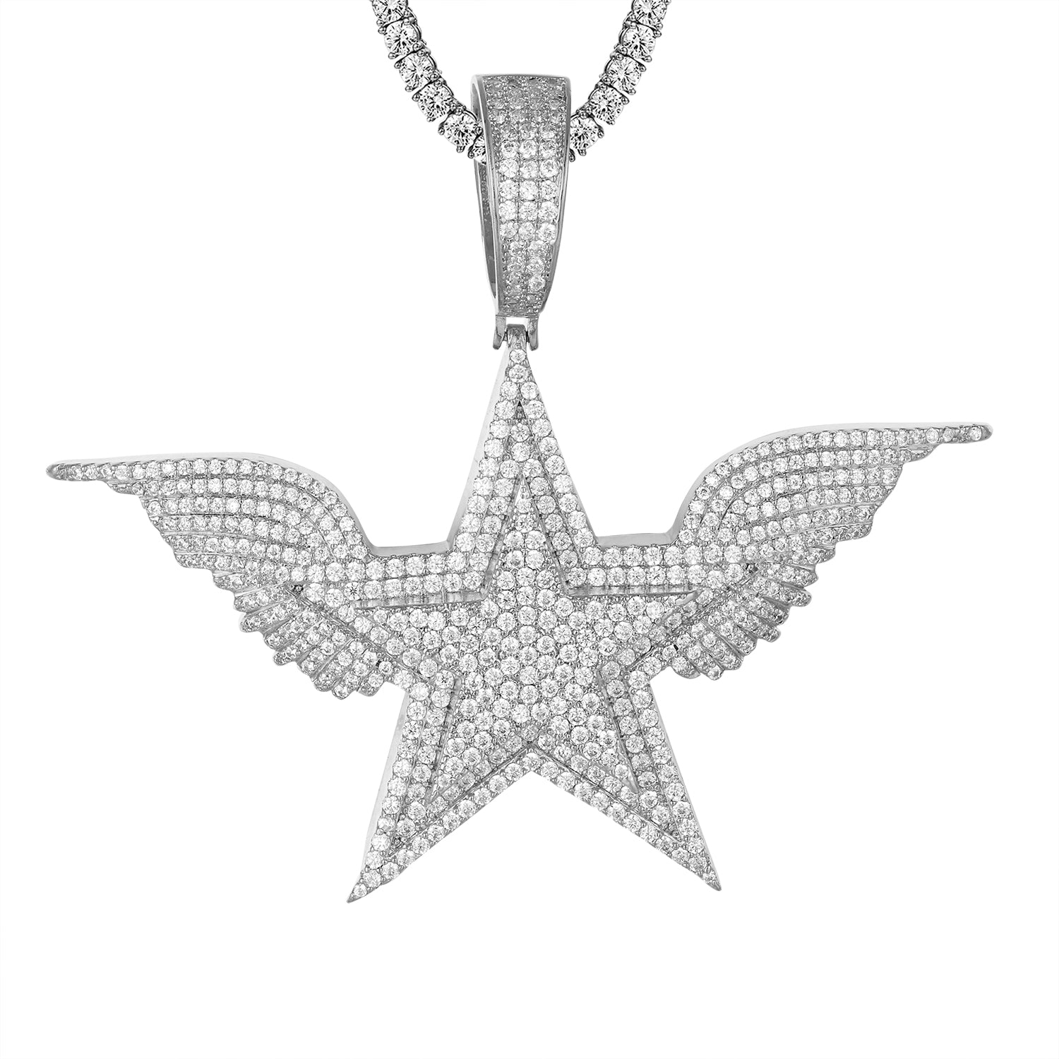 925 Sterling Silver Star Angel Wings Pendant Necklace - Hip Hop Rapper Style Jewelry for Men & Women - Perfect for Gifts, Parties, and Everyday Wear