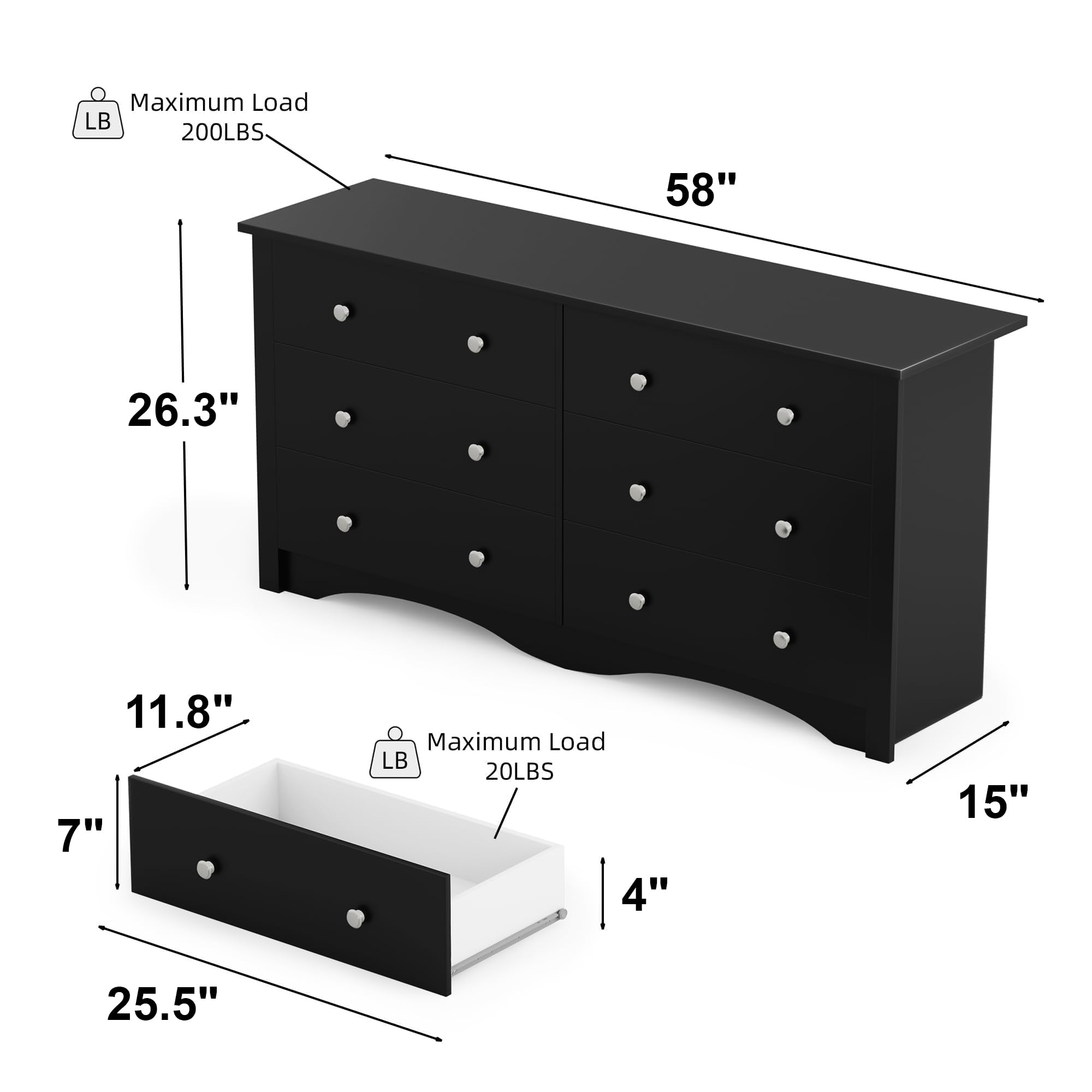 Flamaker 6-Drawer Wooden Dresser for Bedroom - Modern Wide Storage Chest with Anti-Tip Safety, Black - Perfect for Bedroom Organization, Living Room Storage & Entryway Furniture