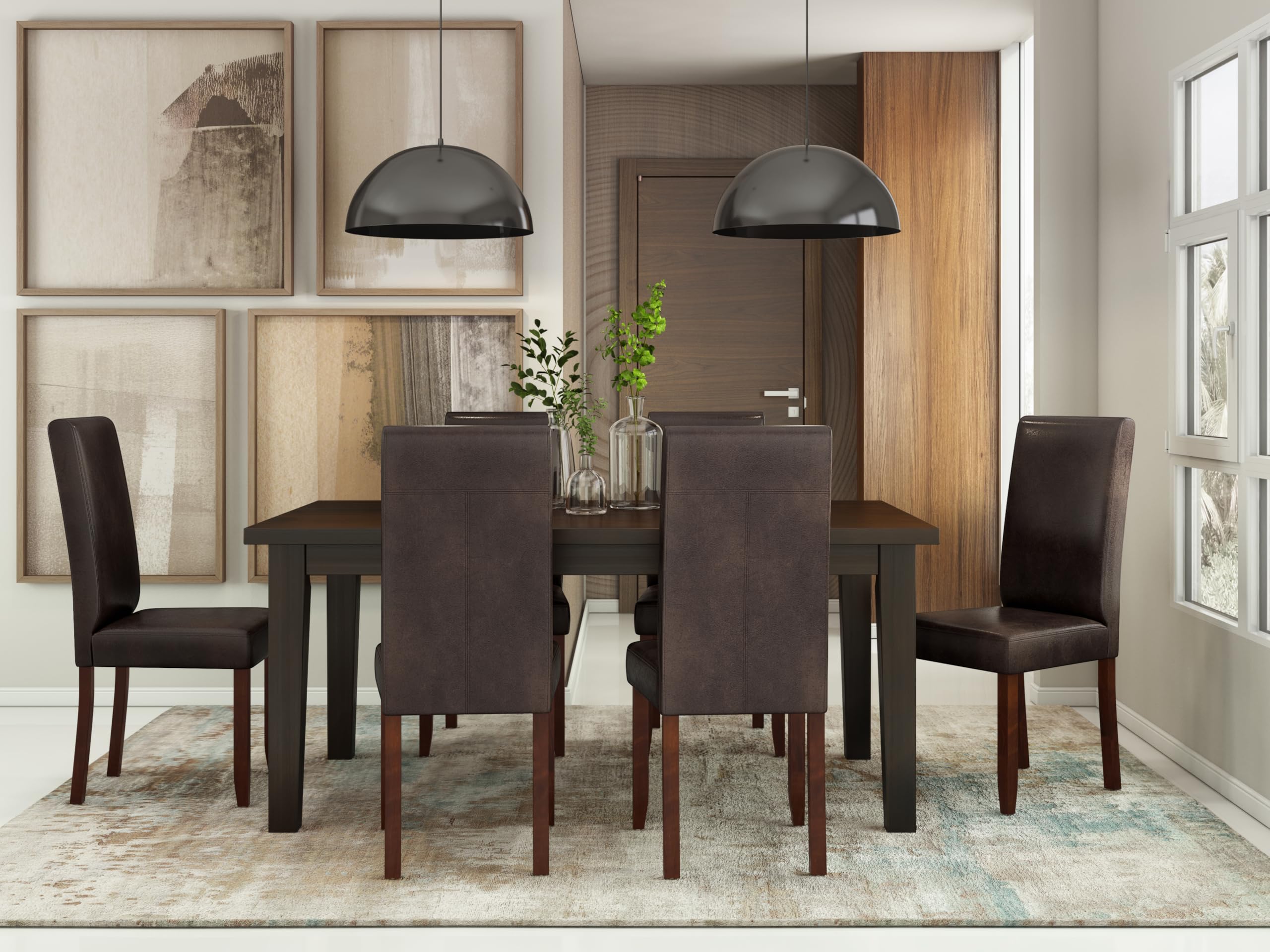 SIMPLIHOME Acadian Transitional Parson Dining Chairs (Set of 2) - Distressed Brown Vegan Faux Leather Upholstered Seats - Elegant Dining Room Furniture for Home, Restaurant, and Office Use