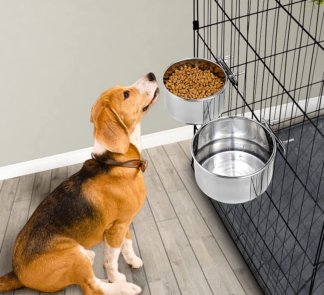 Stainless Steel Hanging Pet Bowl Set - 2 Pack Quick Lock Food & Water Bowls for Dogs, Cats, Birds, Guinea Pigs, Rabbits & Chicken Coops (14-16cm) - Perfect for Kennels, Cages & Crates - Durable & Easy-Clean Silver Pet Dishes