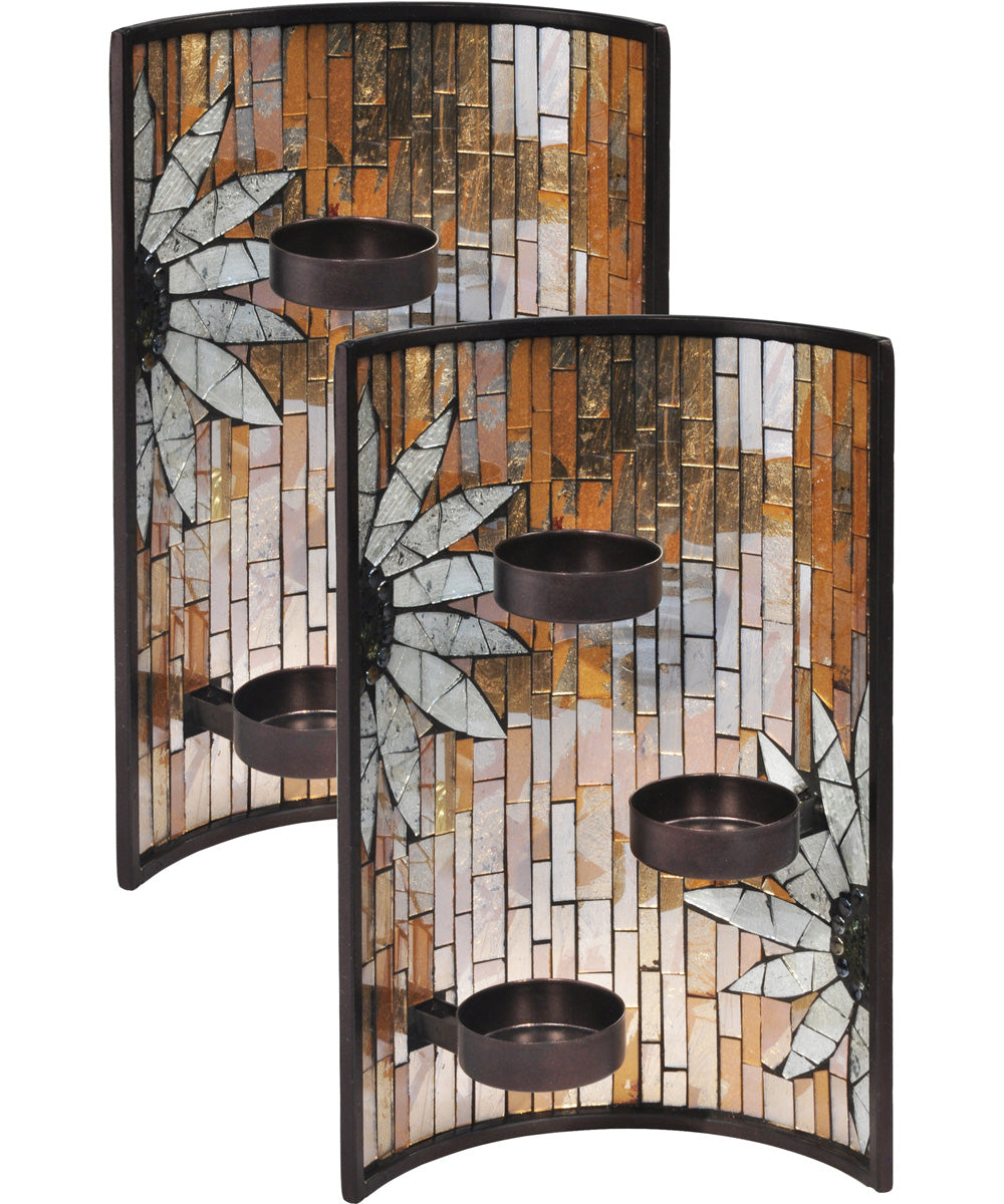 11 Inch Handmade Sunflower Mosaic Art Glass Candle Holder - 2 Piece Set for Home Decor, Wedding Centerpieces & Romantic Dinner Ambiance