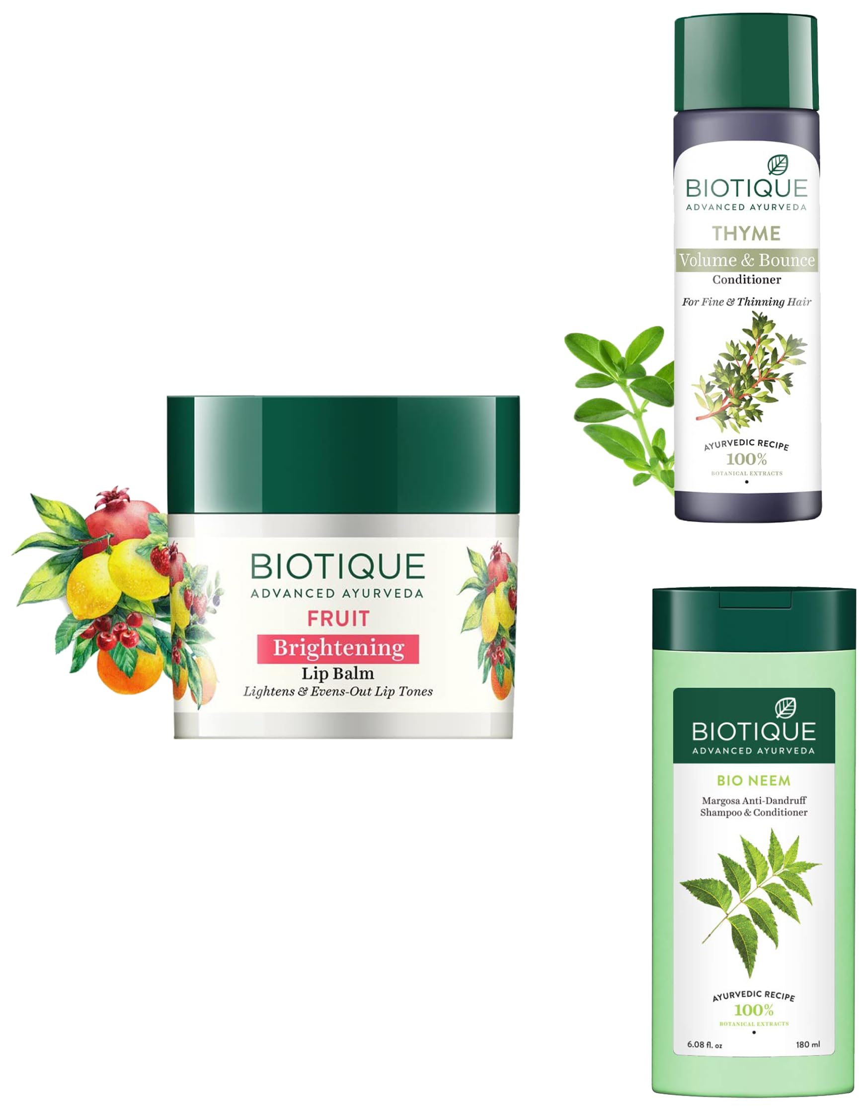 Biotique Thyme Volume & Bounce Conditioner 200ml, Biotique Bio Fruit Whitening Lip Balm 12g, Biotique Neem Margosa Anti-Dandruff Shampoo & Conditioner 180ml - Hair Care & Lip Care Combo for Shiny Hair & Soft Lips - Perfect for Daily Use & Travel